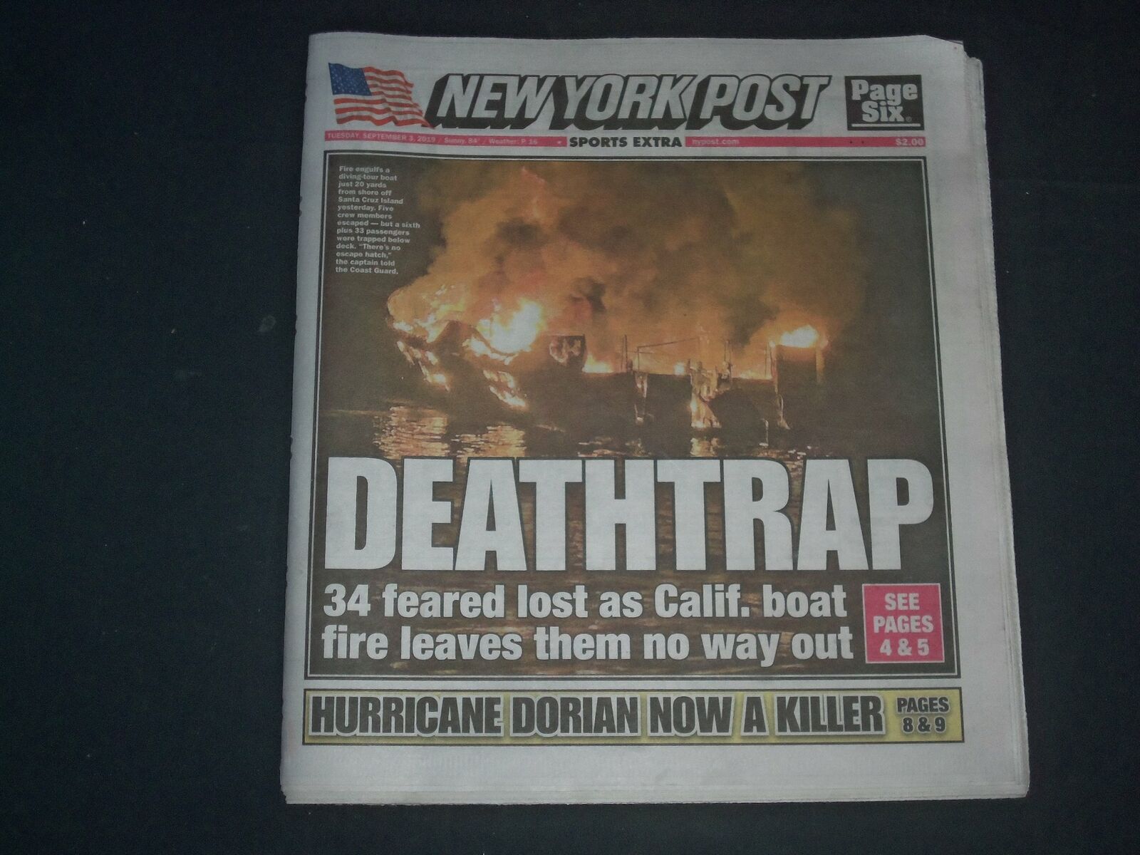 2019 SEPTEMBER 3 NEW YORK POST NEWSPAPER - DEATHTRAP - 34 DEAD IN CA. BOAT FIRE