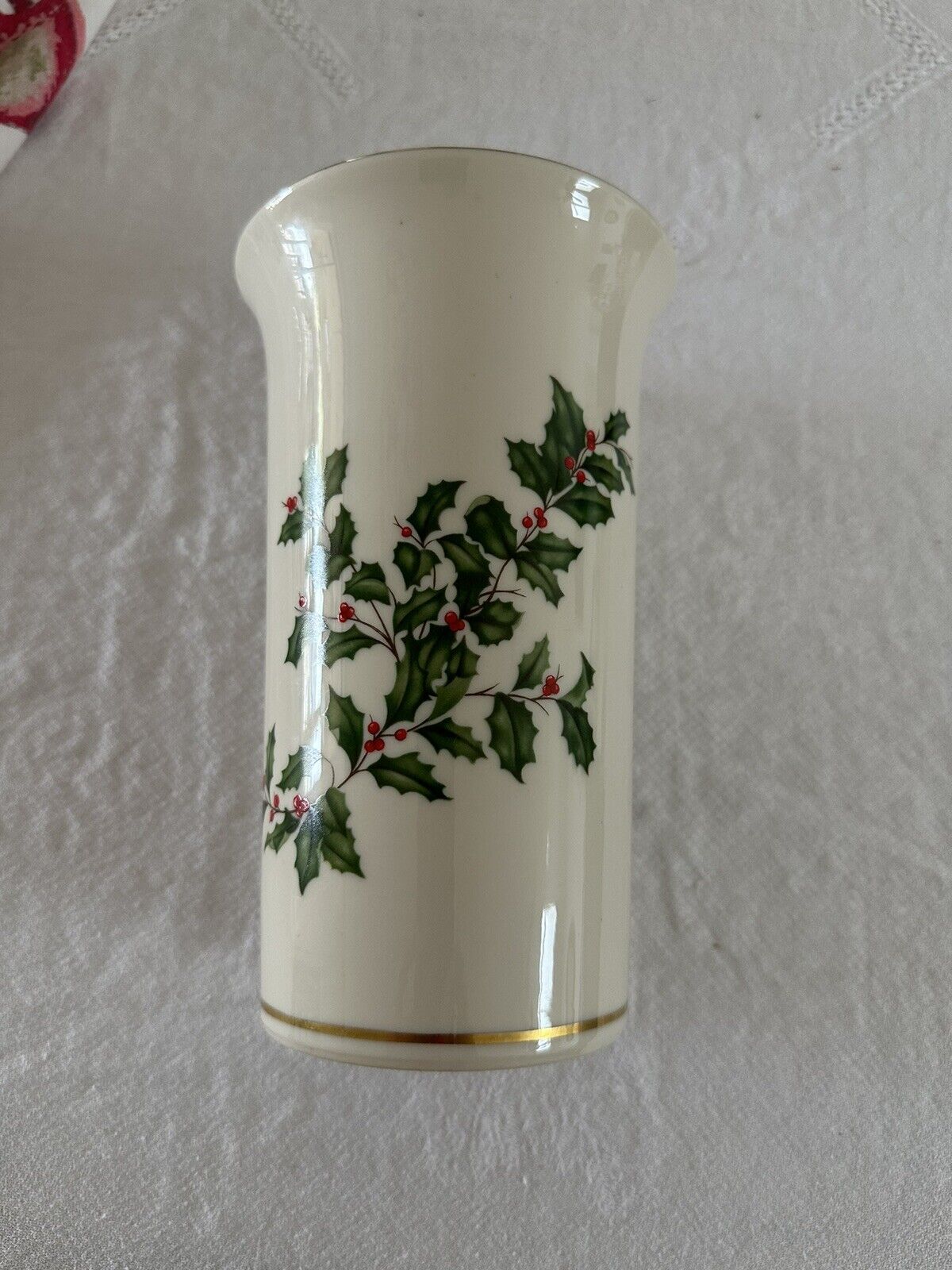 Lenox Holly Berry Vase Flared Top Gold Rim & Trim 7 1/2” Tall 
