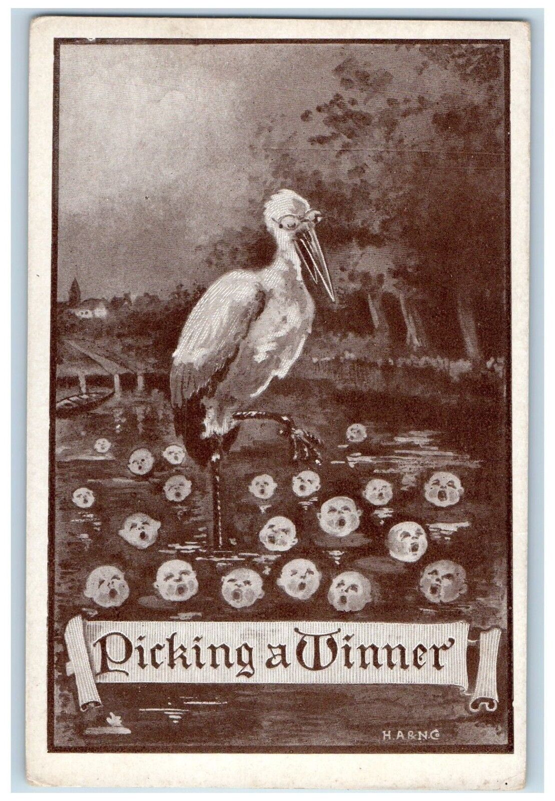 c1910\'s Stork And Babies Picking A Winner Delivery Unposted Antique Postcard