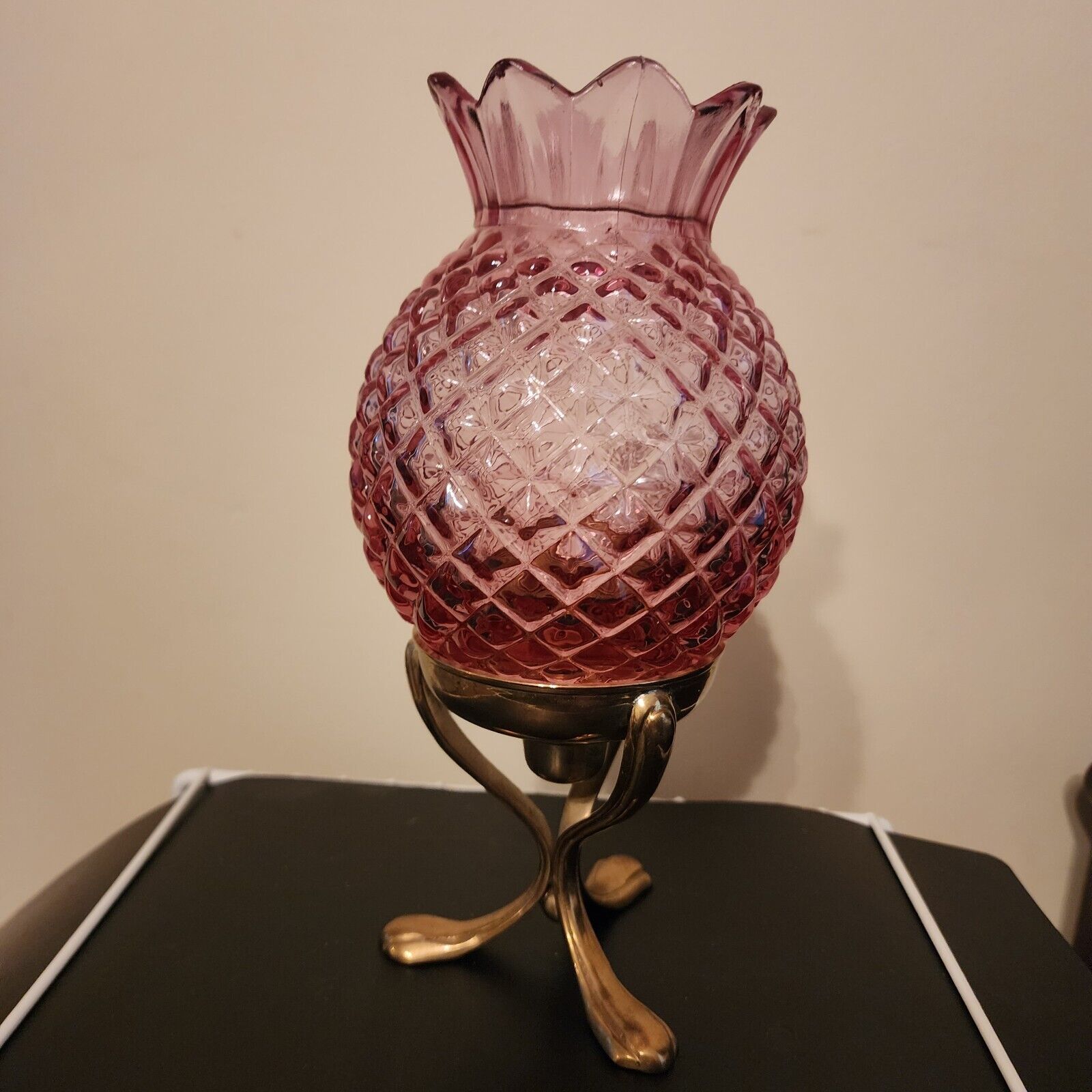 Fenton Cranberry Pineapple  Fairy Light Candle Holder with Brass Stand