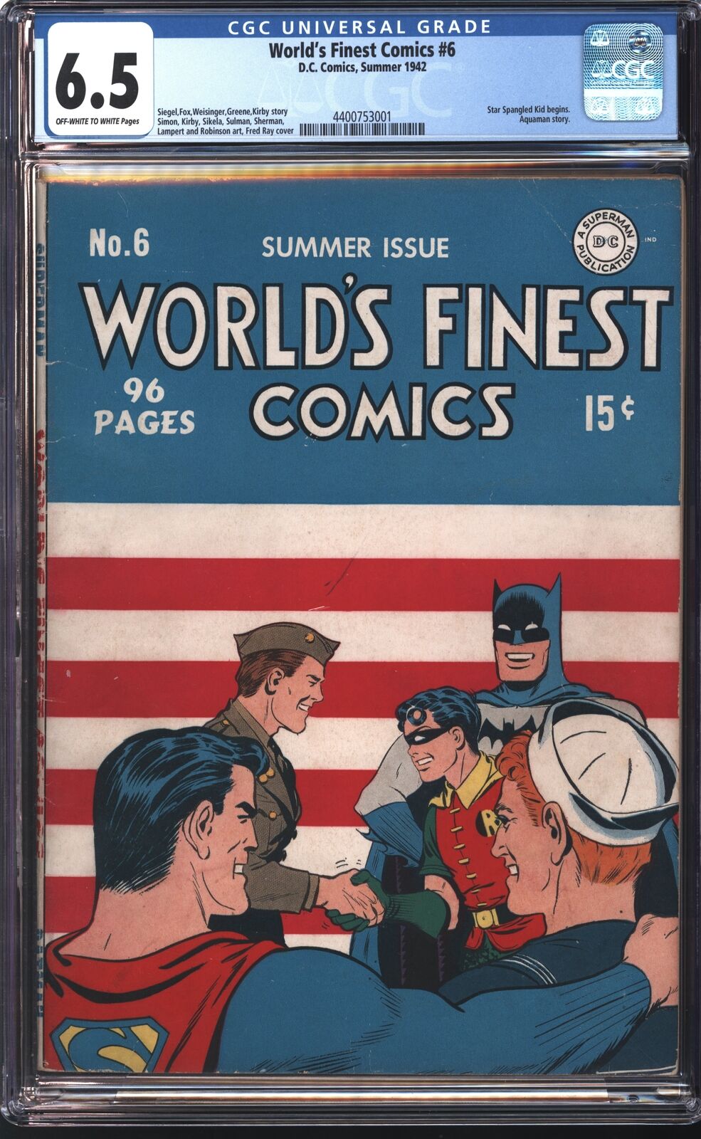 D.C Comics World\'s Finest Comics #6 Summer 1942 CGC 6.5 Of White to White Pages