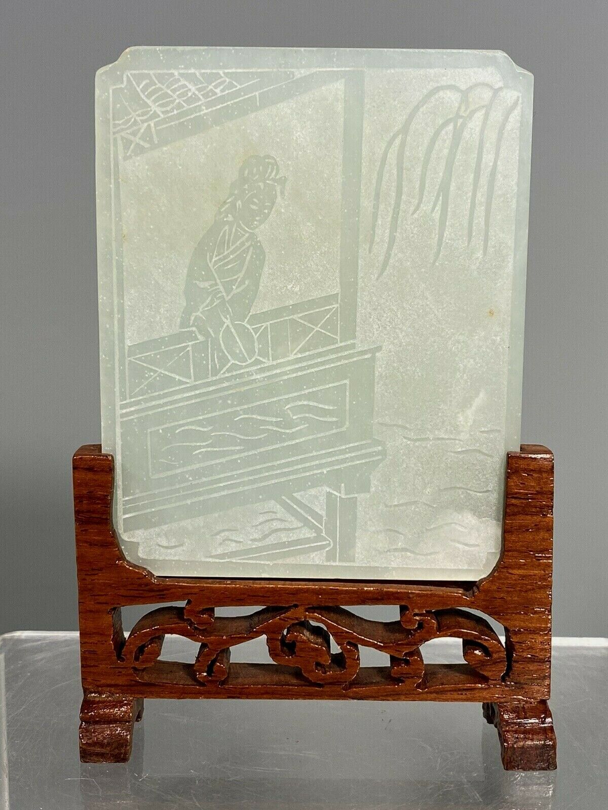 China Chinese carved Green Hardstone panel w/ Maiden Overlooking a Garden 