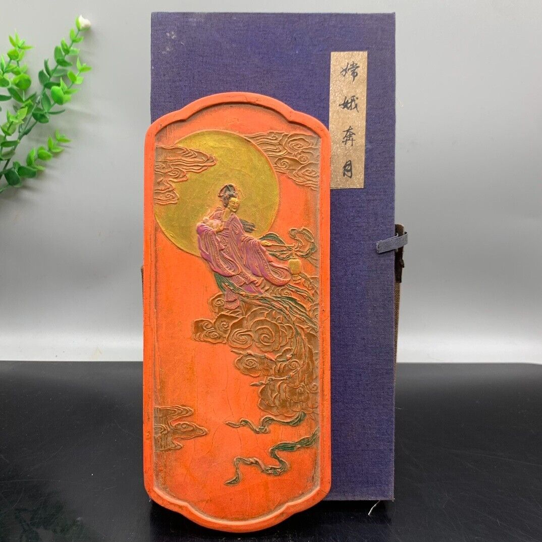 Ancient cinnabar Ink block Goddess Chang'e fly to moon Vermilion Ink Stick + box