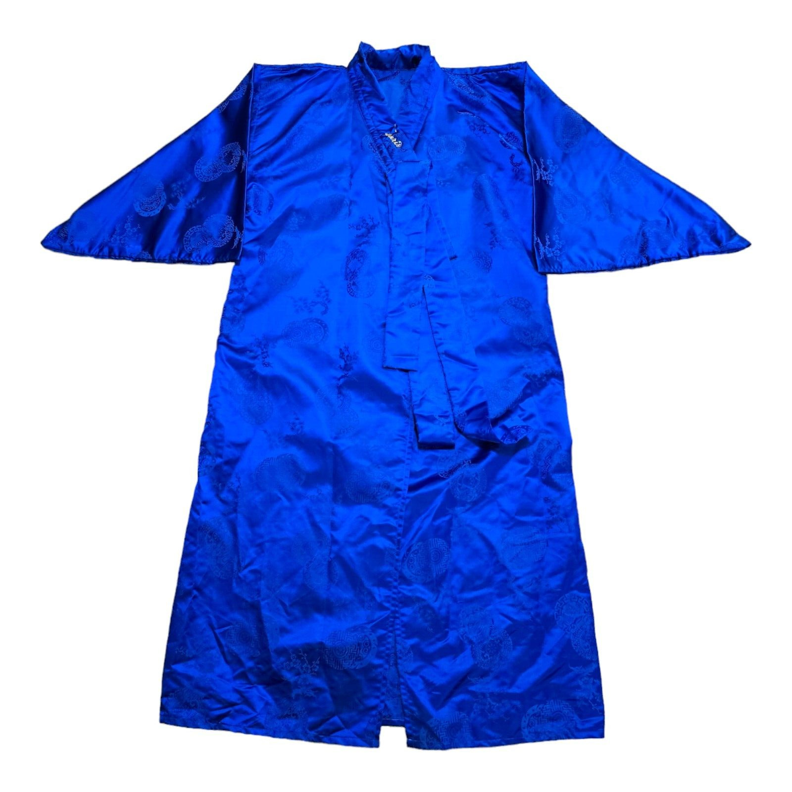 Vtg Silk Korean Kimono Custom Handmade Embroidered Long Blue Asian Ceremony Robe