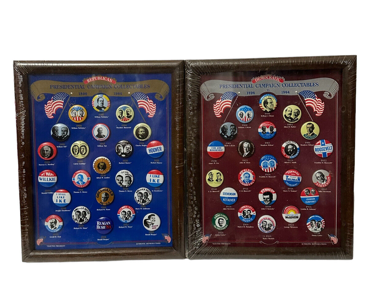 VTG 1896 - 84 Reproduction Presidential Campaign Political Buttons 2 Framed Sets