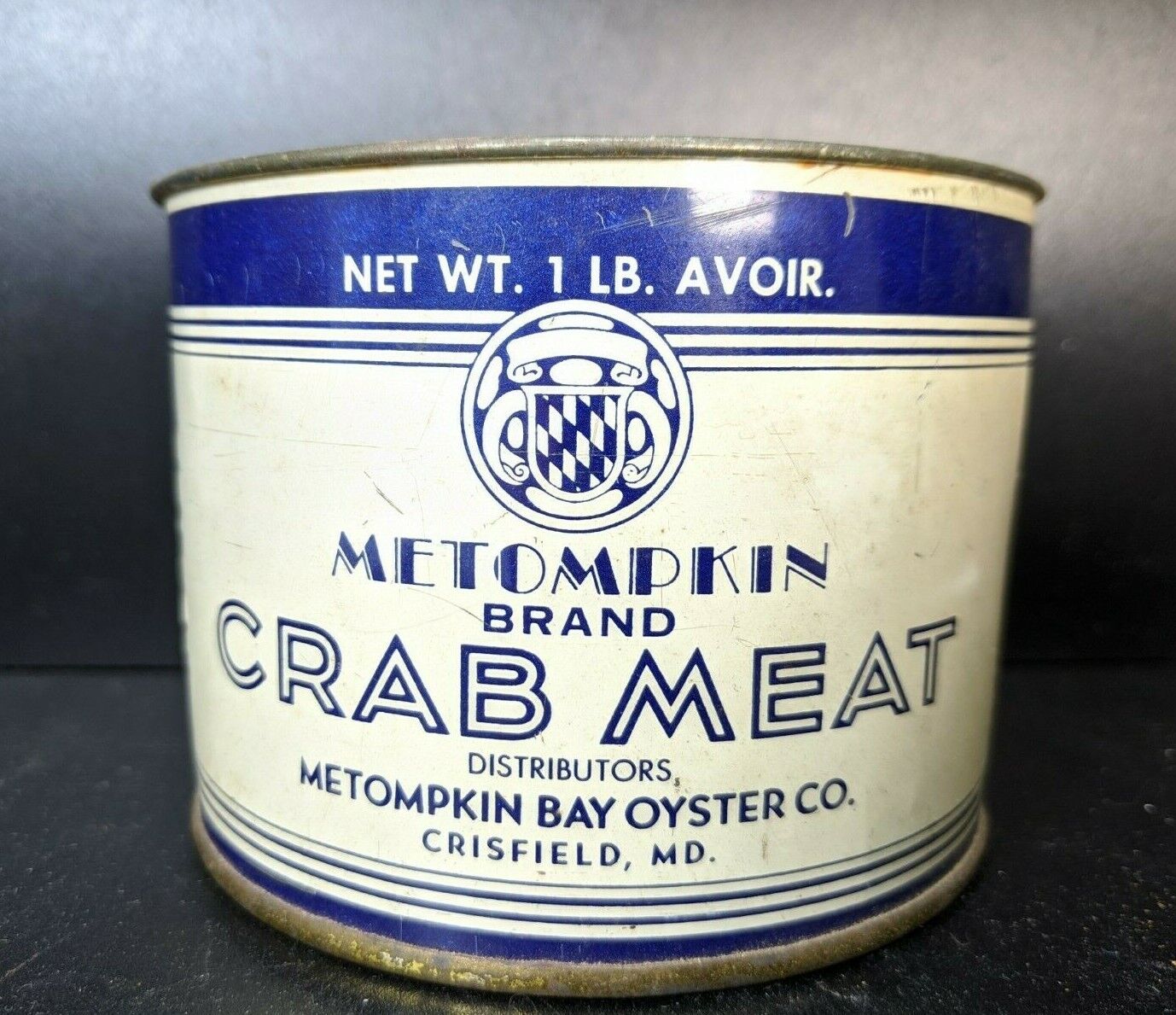 Vintage Metompkin Brand Crab Meat Can Tin Bay Oyster Co Crisfield MD 1 lb Rare