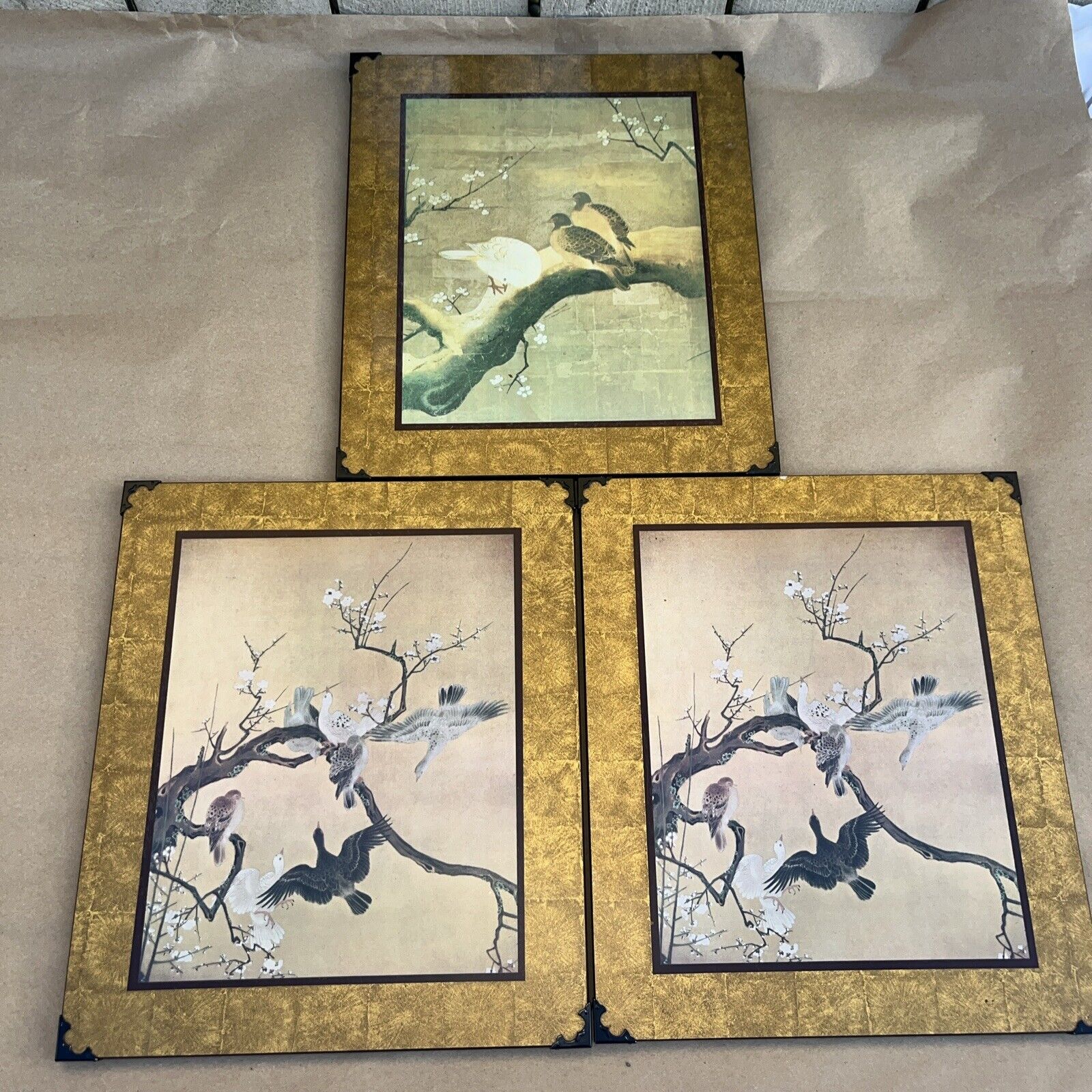 Vintage Toyo Woodblock Birds and Blossoms Prints 13.5in x 11.5in Set of Three