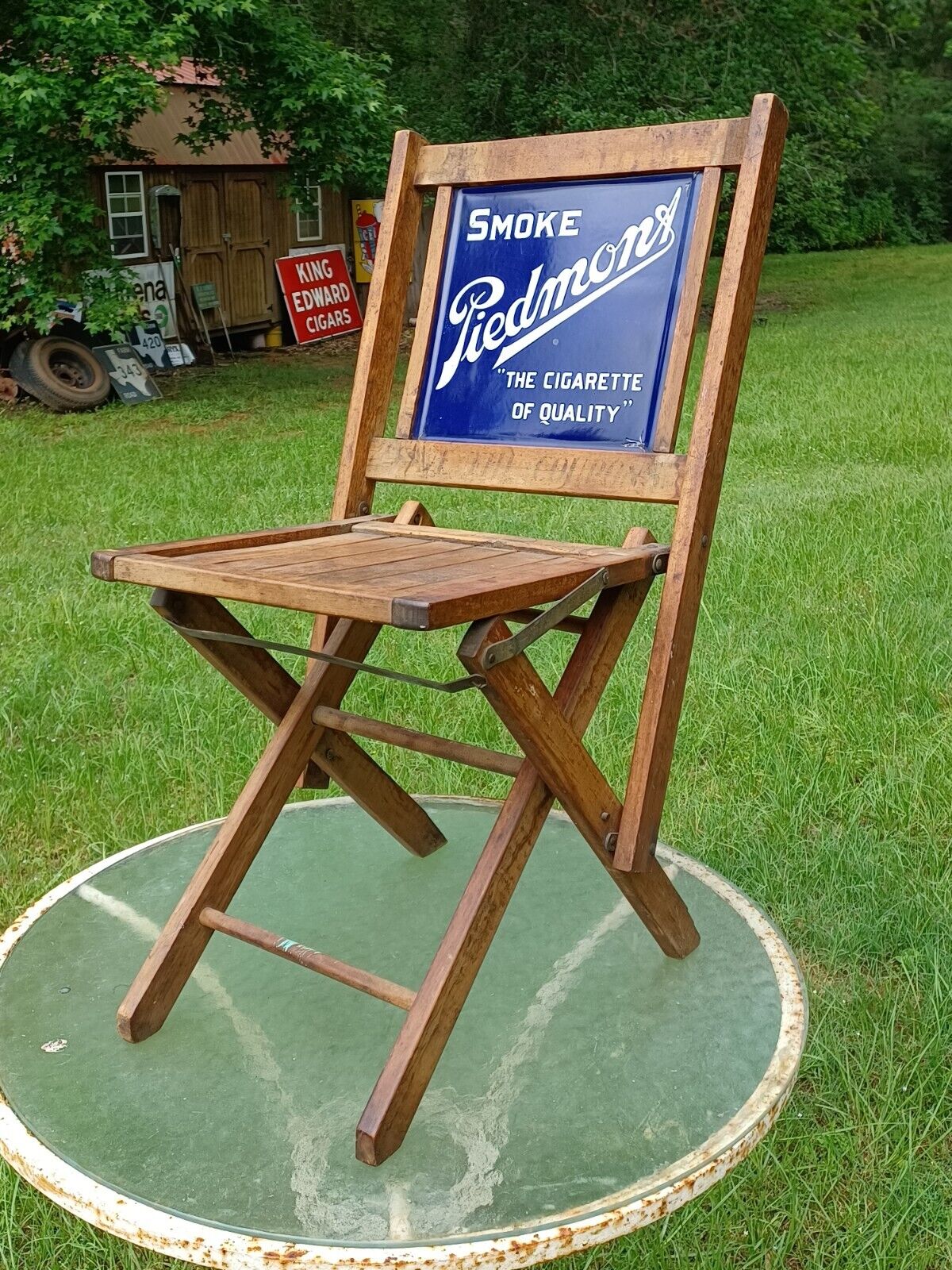Piedmont Cigarettes Wood Folding Chair With Double Sided Porcelain Sign