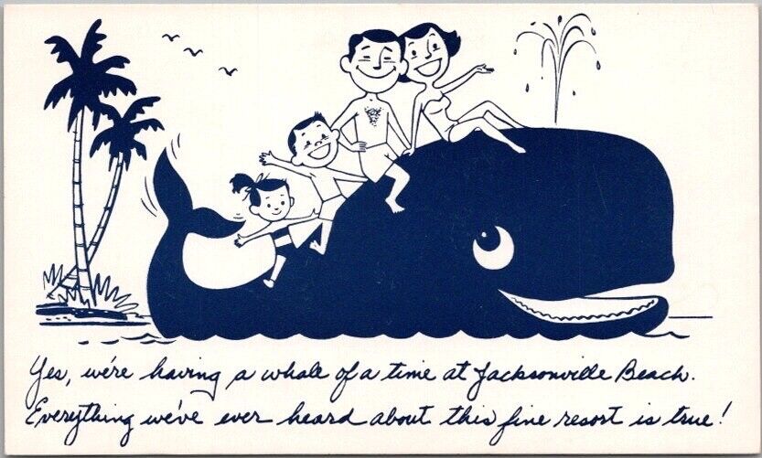 c1950s JACKSONVILLE Florida Adv. Postcard Family on Whale / Chamber of Commerce