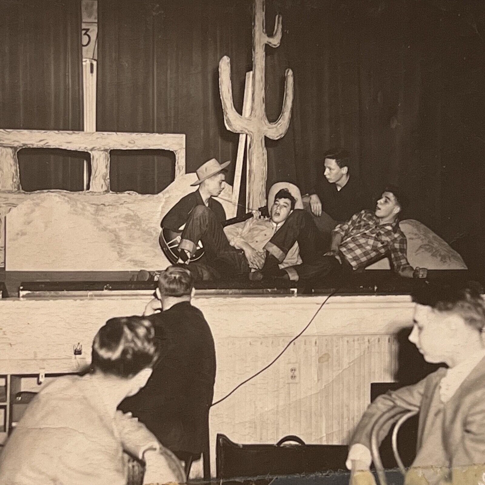 Vintage B&W Photograph Snapshot Cowboy Wild West Theatre High School Play Guitar