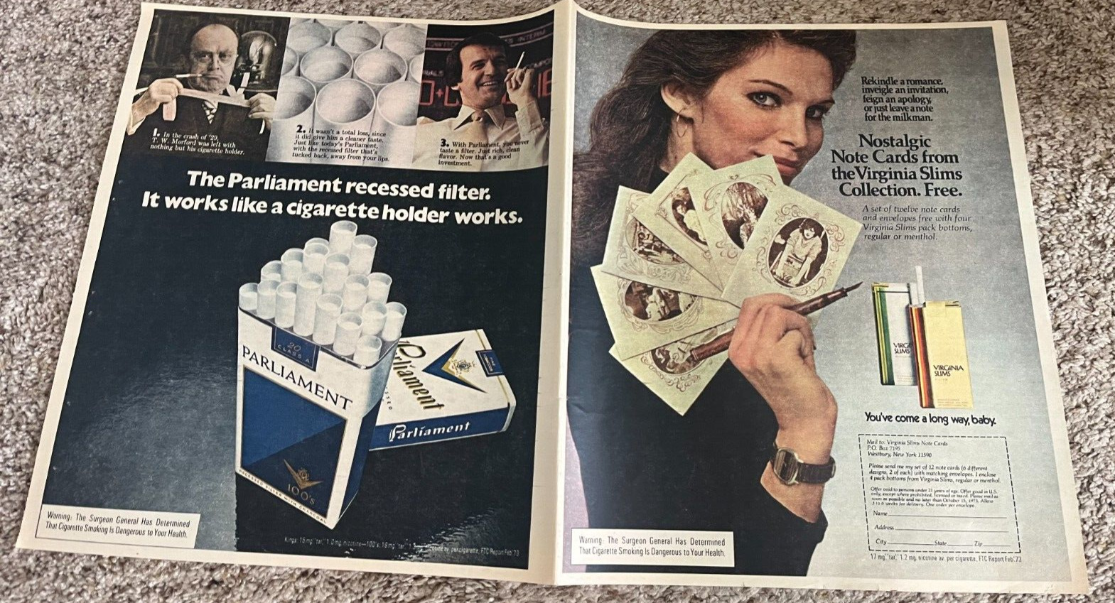 1973 Virginia Slims & Parliament Cigarettes Newspaper Print Ad