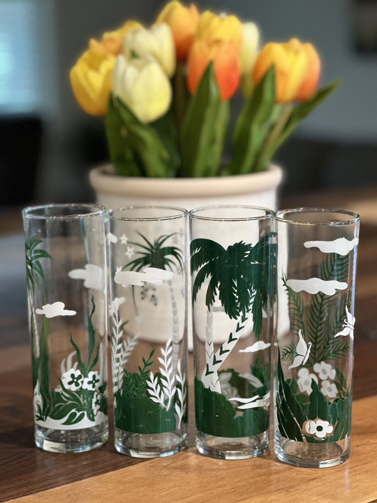 Palm Tree Tiki Tom Collins Glasses, Sailboat, Vintage barware, Set of 4