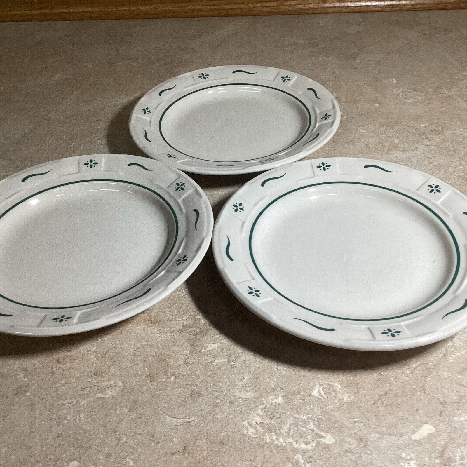 3 Longaberger Pottery Woven Heritage Green Trim 7 1/4” Plates USA