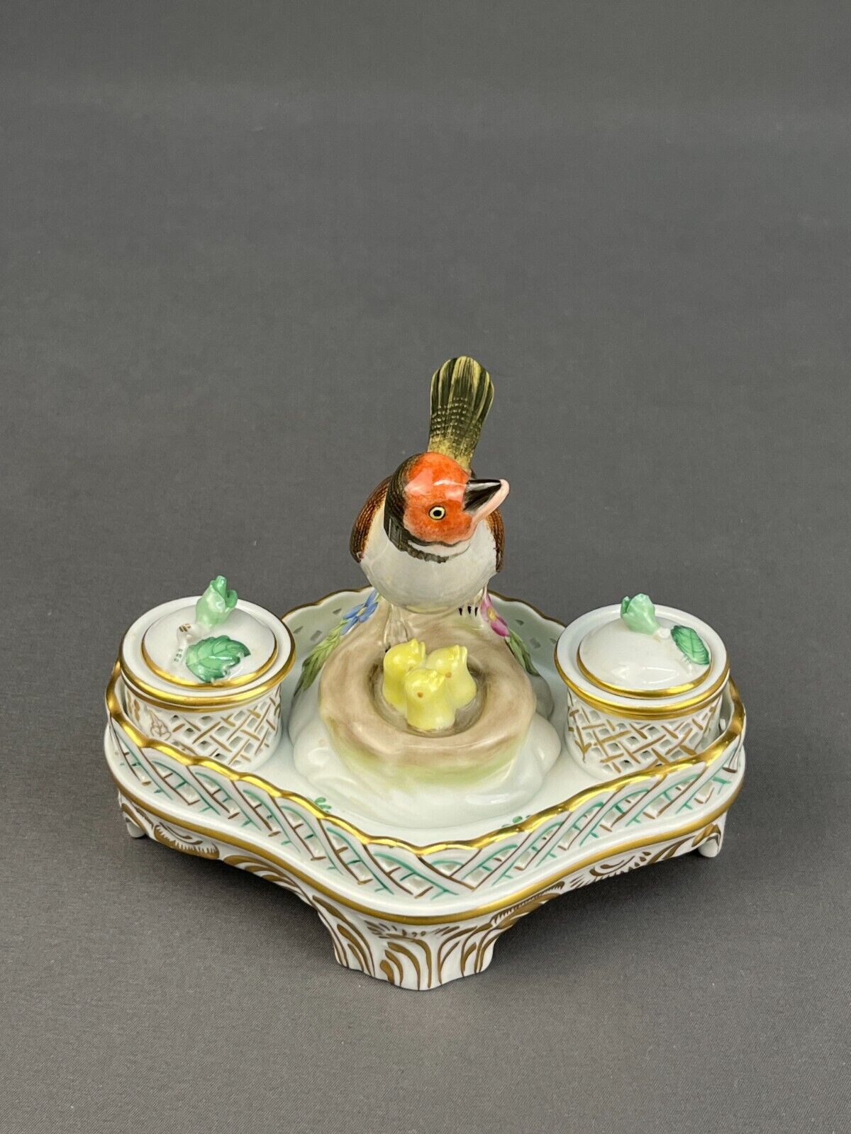 Herend Hungary CHINESE BOUQUET GREEN Figural Double Ink Stand 7800/AV