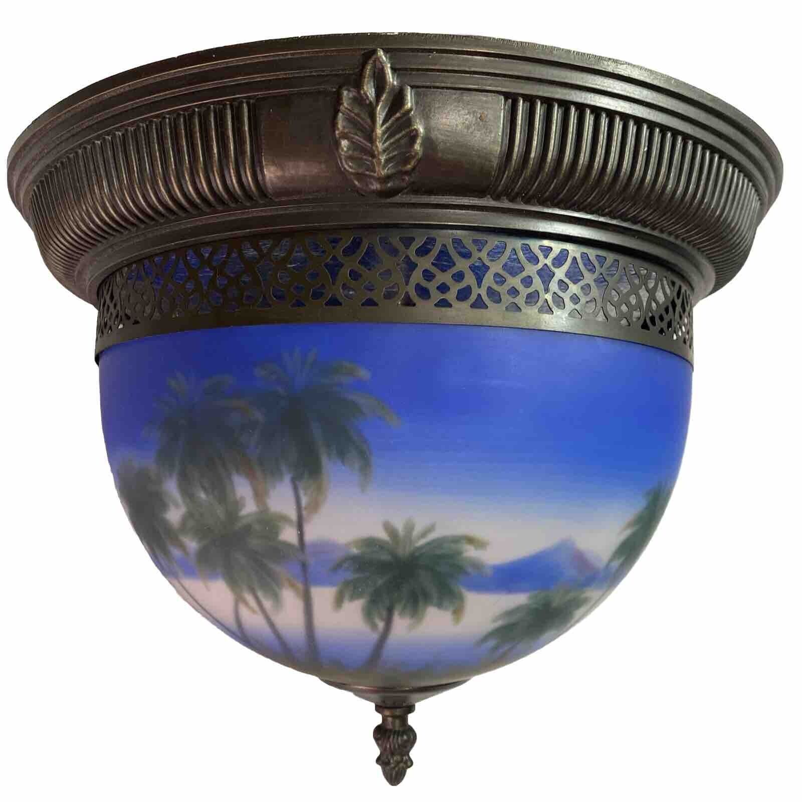 Tropical Beach Palm Trees Glass Dome Ceiling Light Reverse Hand Painted Y2K VTG