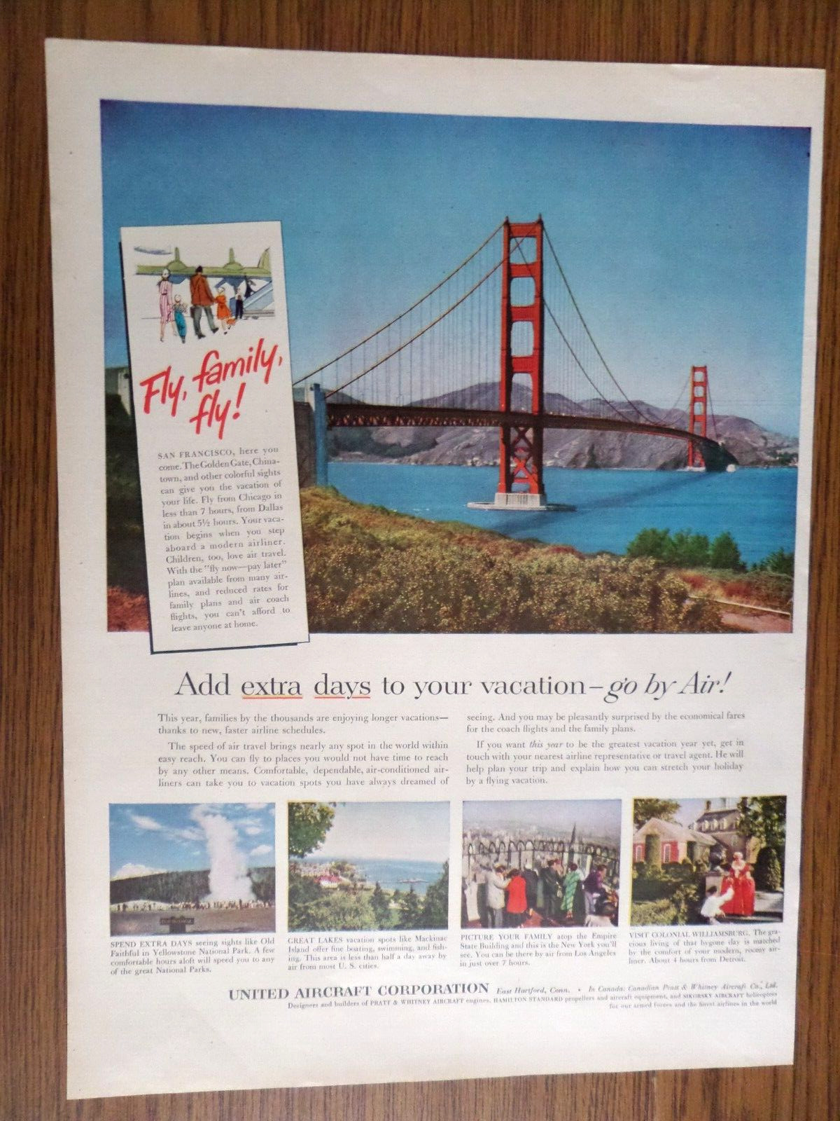 1956 United Aircraft Ad Golden Gate Bridge San Francisco Yellowstone Park