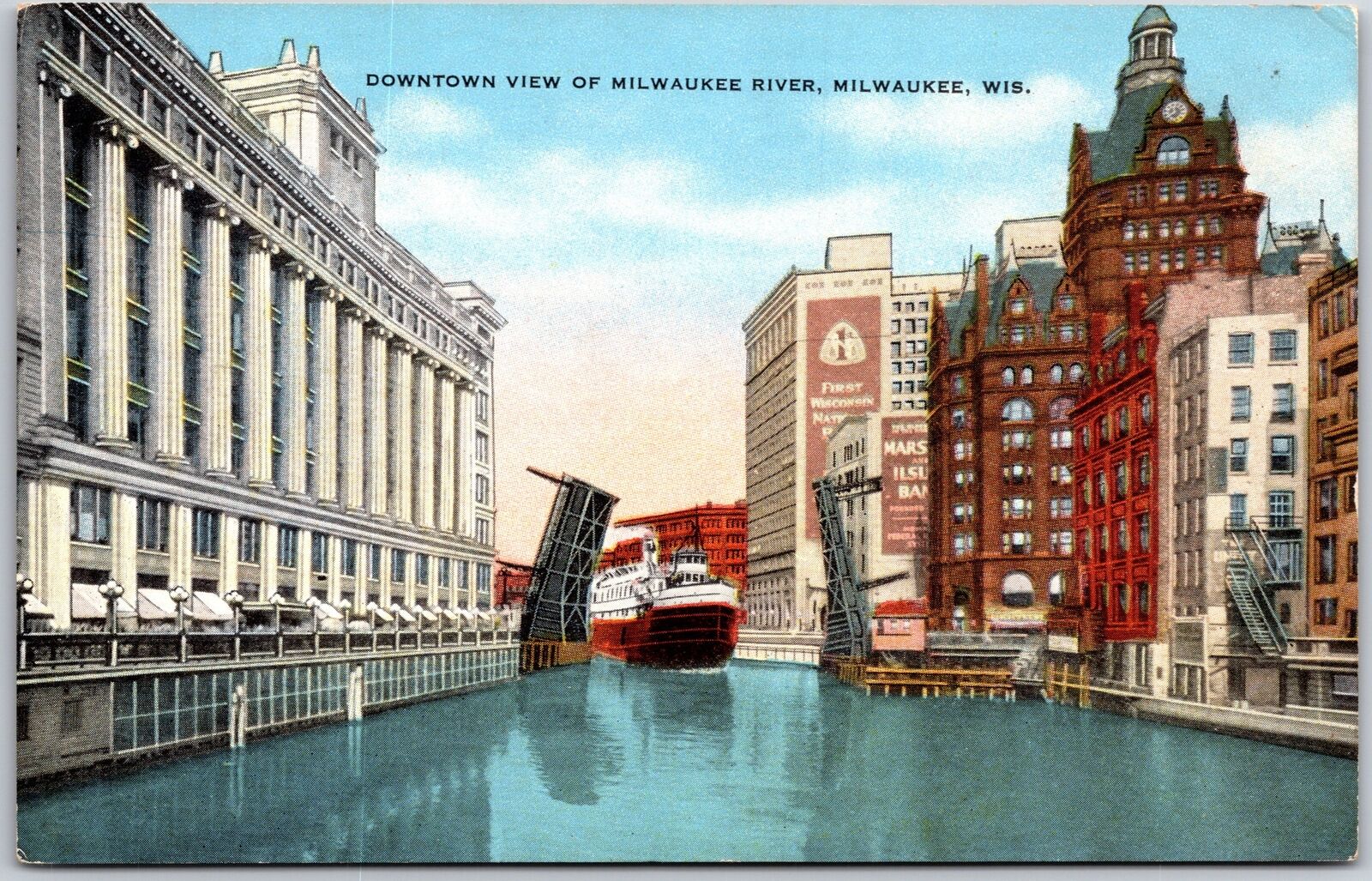 Milwaukee Wisconsin WI, Downtown View of River, Buildings, Vintage Postcard