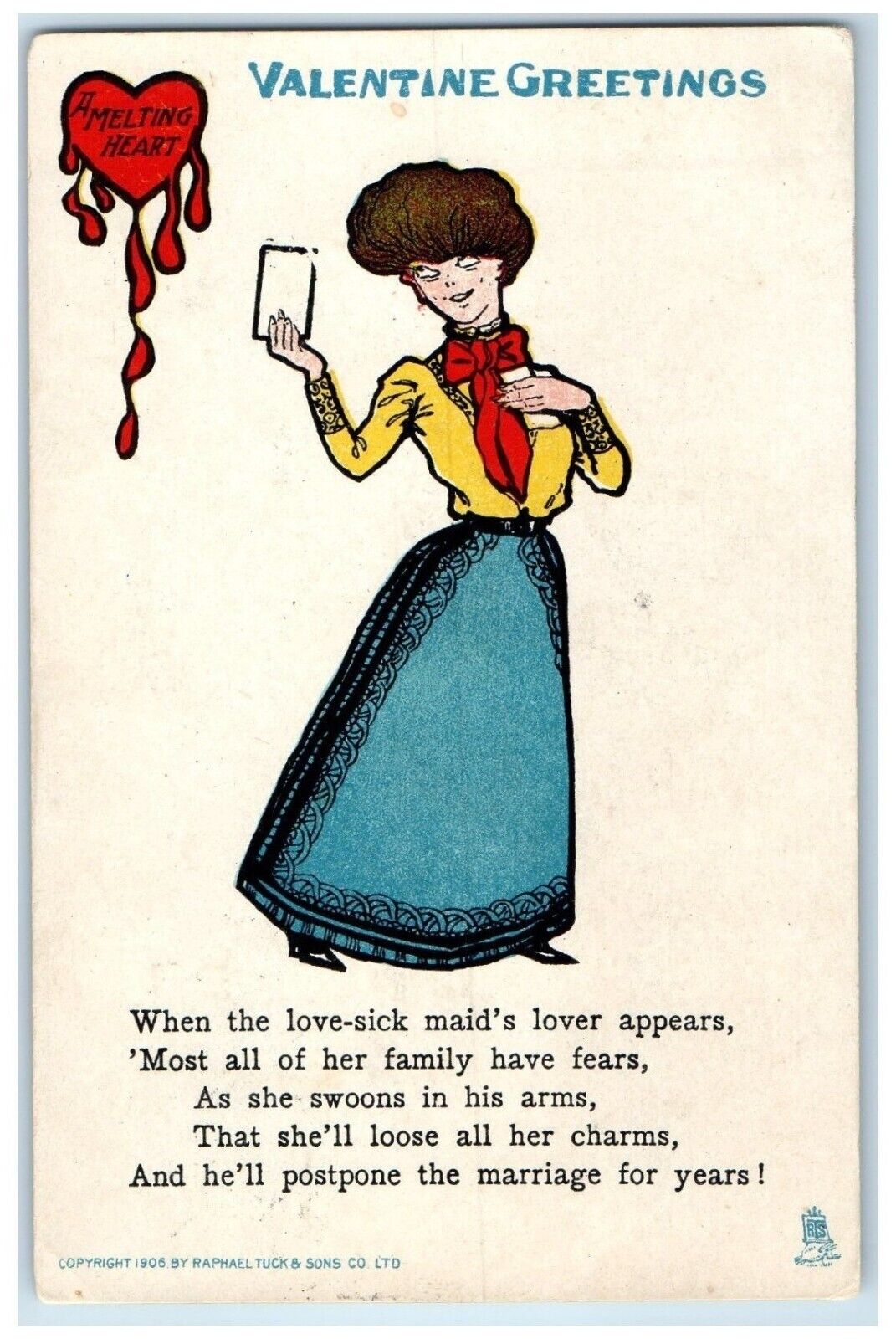 1907 Valentine Greetings Woman Melting Heart Tuck's New York NY Antique Postcard