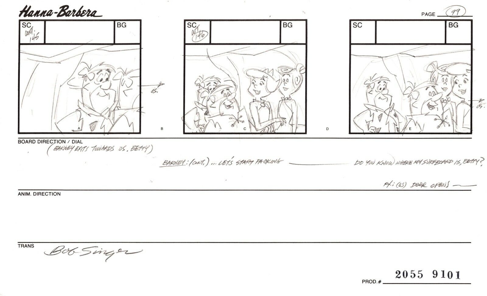 Flintstones Hollyrock Animation Storyboard Hanna B Signed by Bob Singer 1993 99