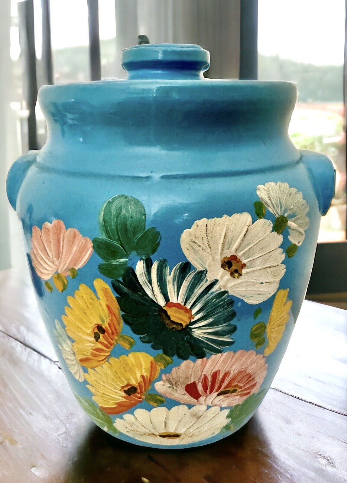 Hand Painted 1930s Ransburg Pottery Blue Cookie Jar Planter Crock Vintage 9.5”