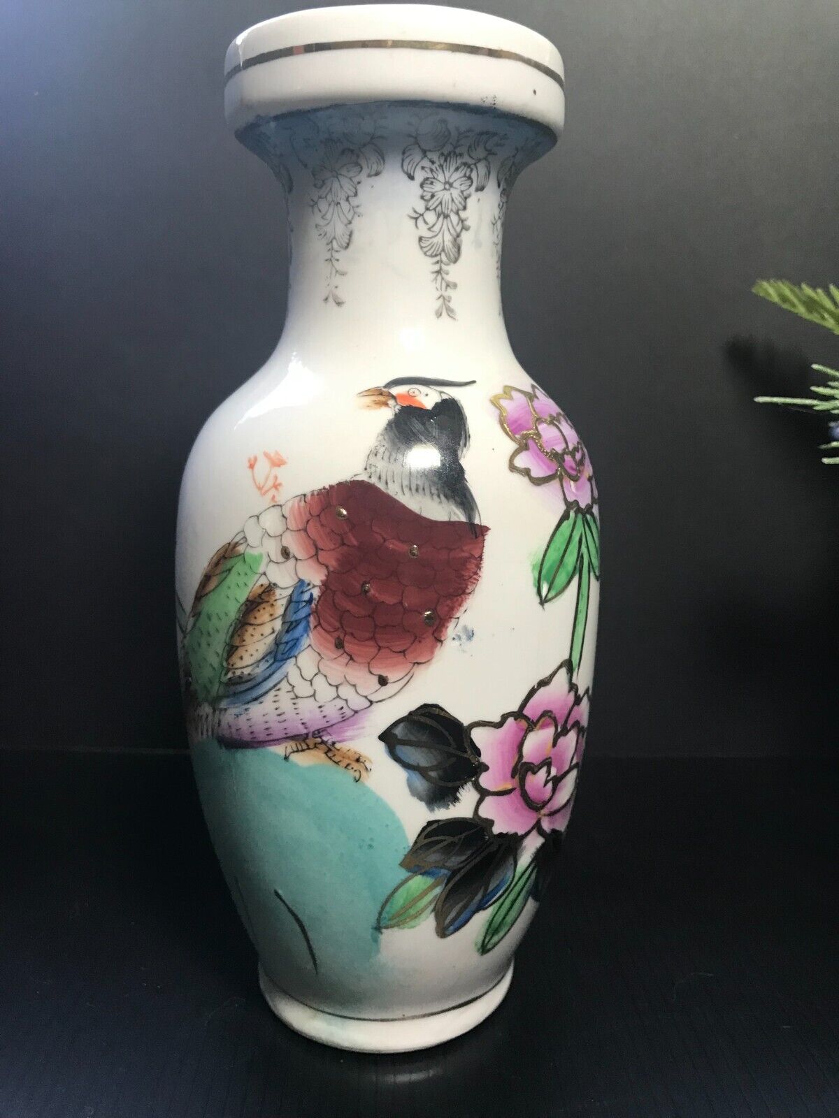 Peacock Floral Porcelain Chinese Vase Vintage Signed JS Hand-Painted