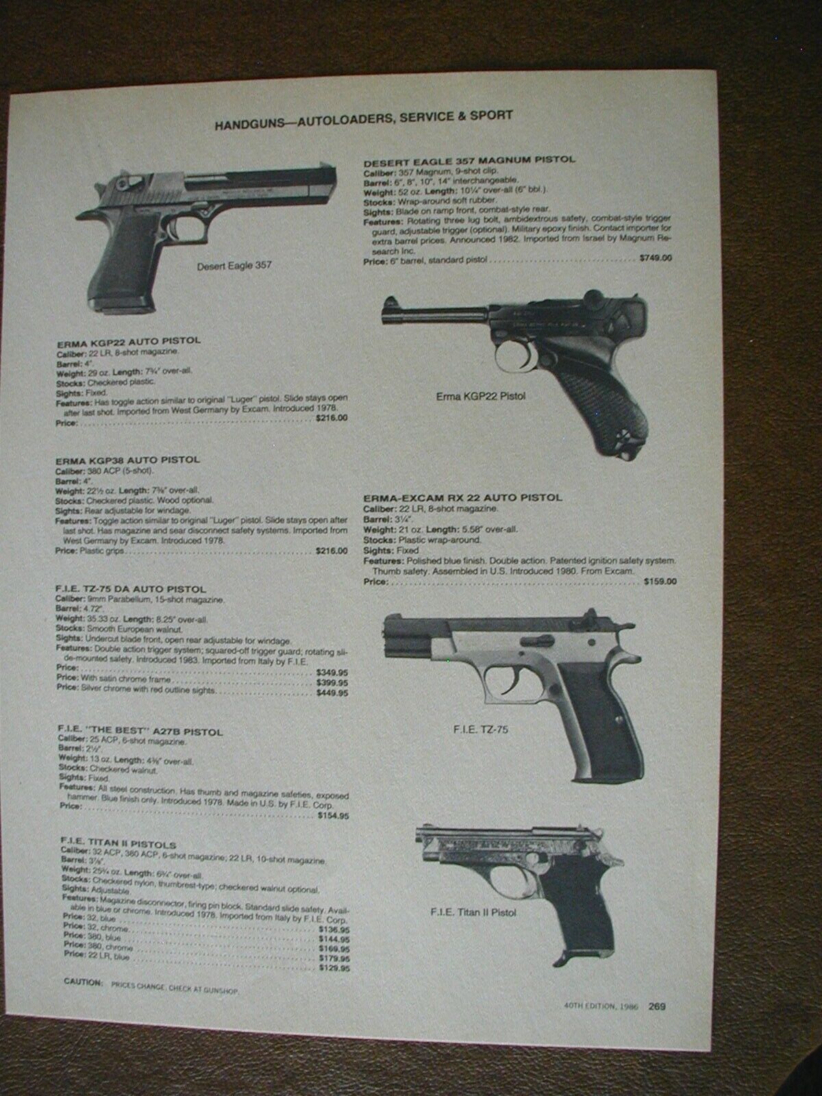 1986 Handguns Desert Eagle, Erma, Goncz, H & K 2 sided Vintage PRINT AD 64269