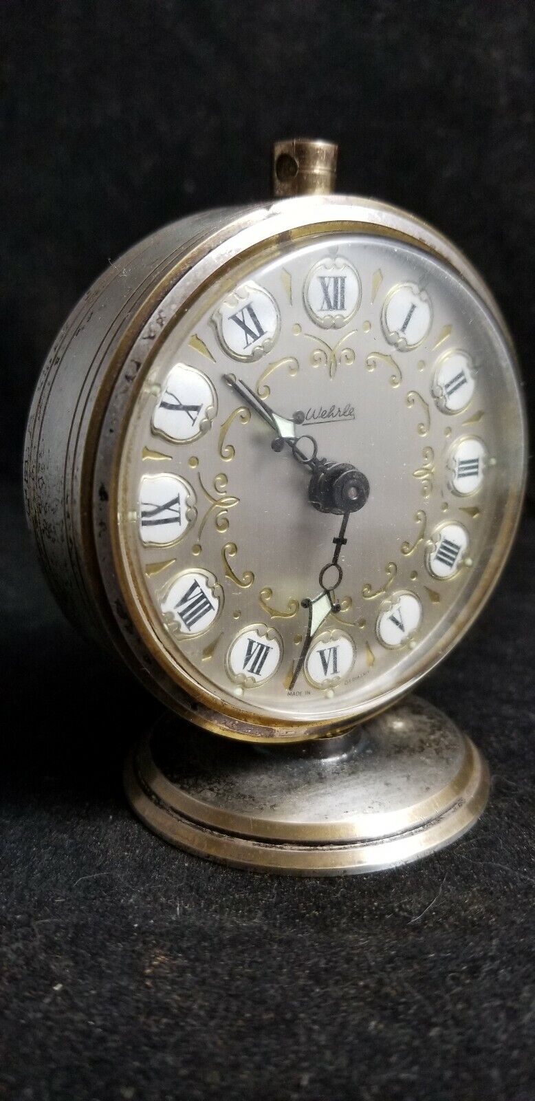 Vintage German WEHRLE TROLLY Silver And Gold Mantel Alarm Clock 1960's Parts @56