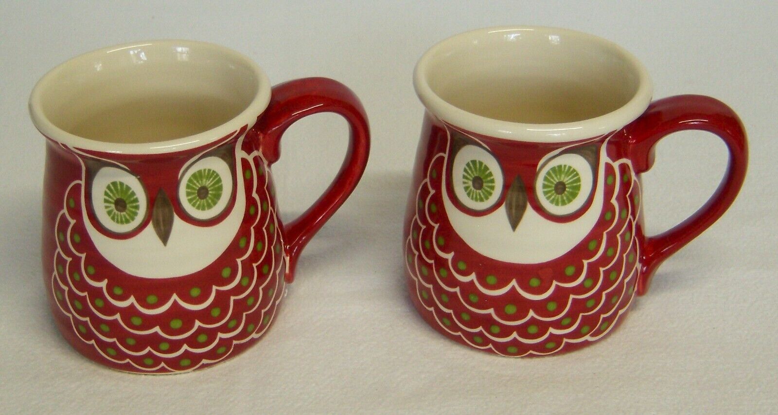 2 Katie Brown Owl Mugs Red,Green,White 4.5x4.5\