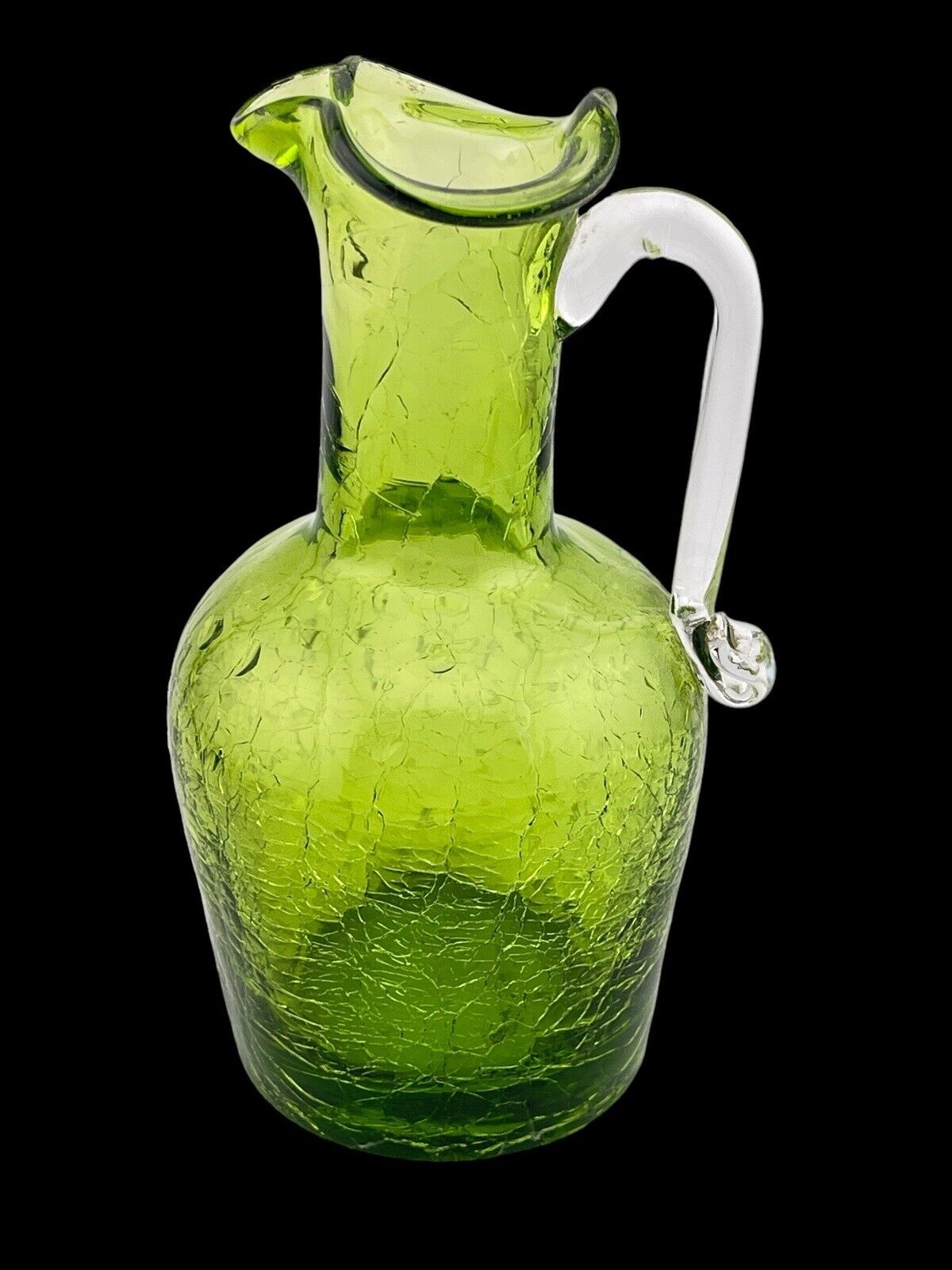 VTG Green Pilgrim Blown Crackle Art Glass Mini Pitcher Bud Vase Wide Mouth