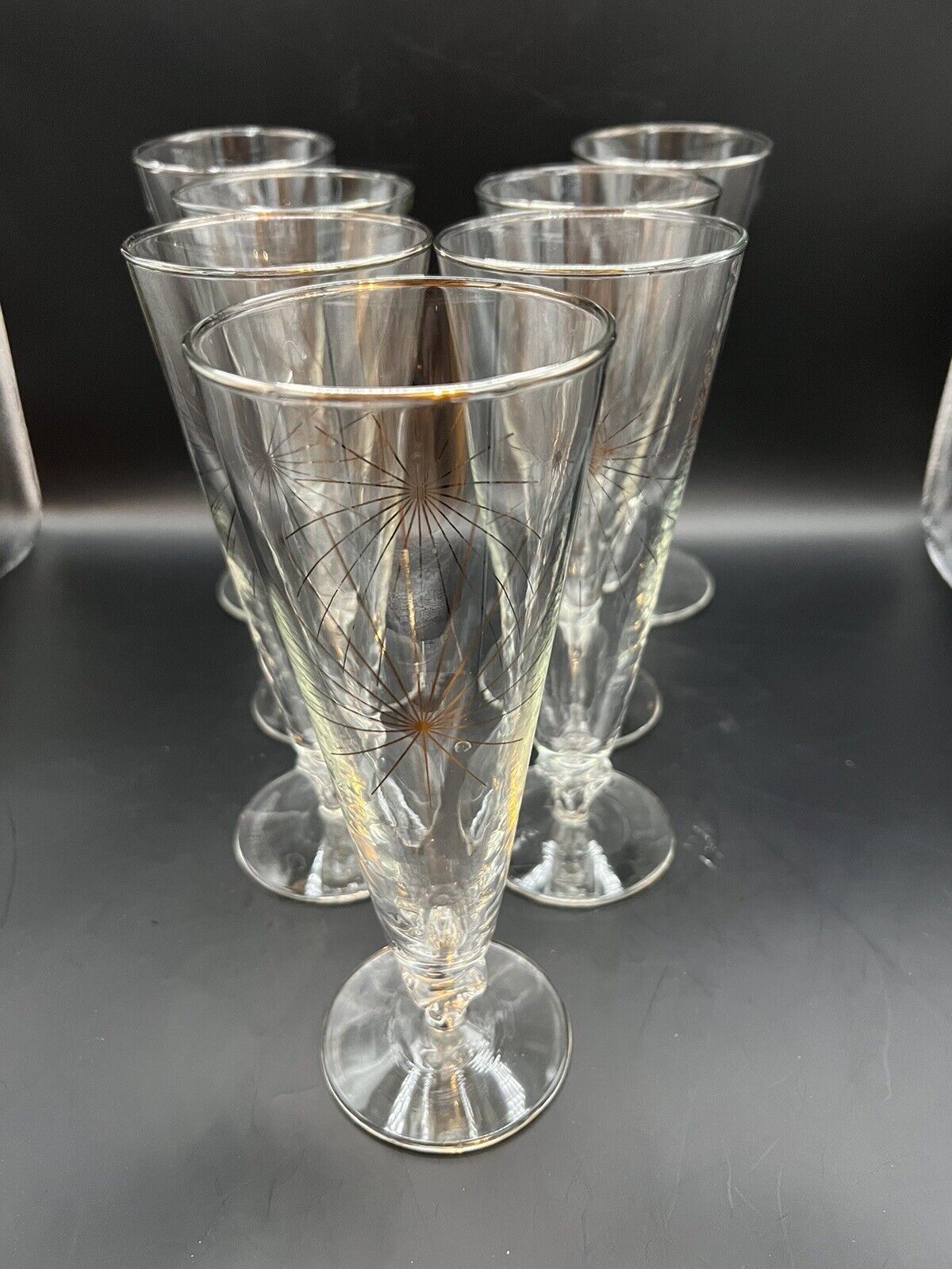 Set Of 7 Libbey Glass Co Granada Starburst Pilsner Glasses Gold Silver 8”