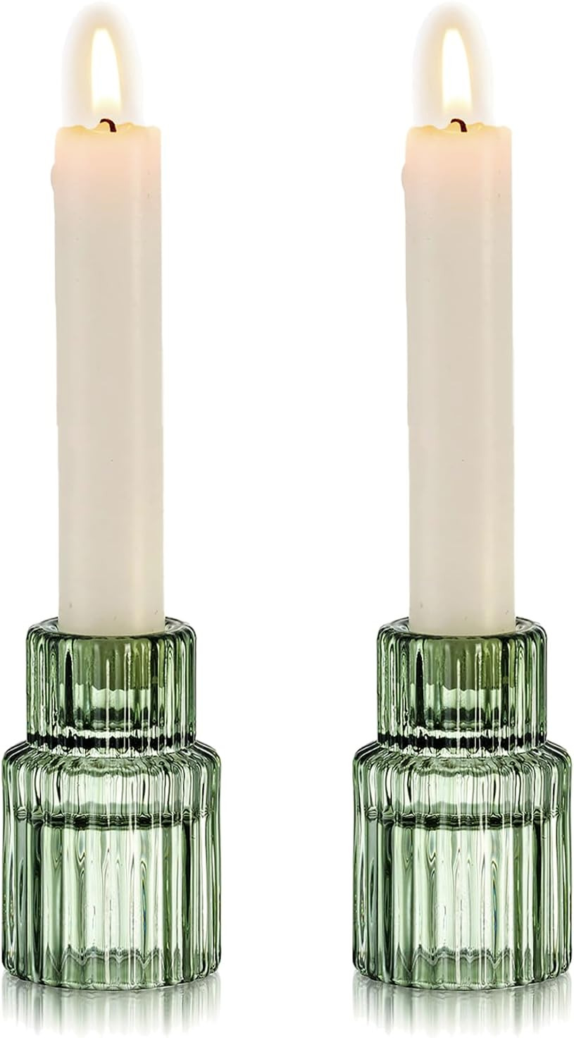 Glass Taper Candle Holders: 2PCS Green Vintage Candle Holder Candlestick Holders