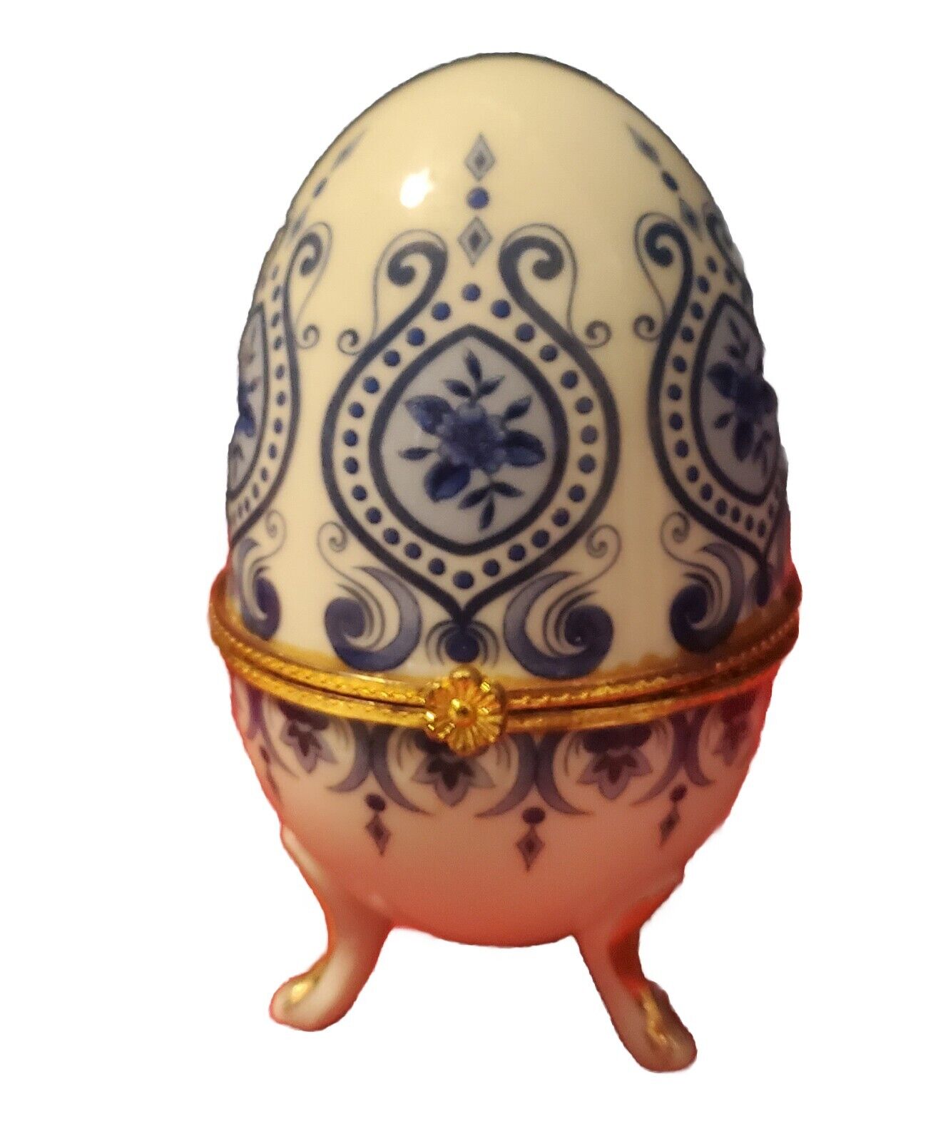 Vintage Porcelain Hinged Footed Egg Shaped Trinket Box Floral Gold Trim 