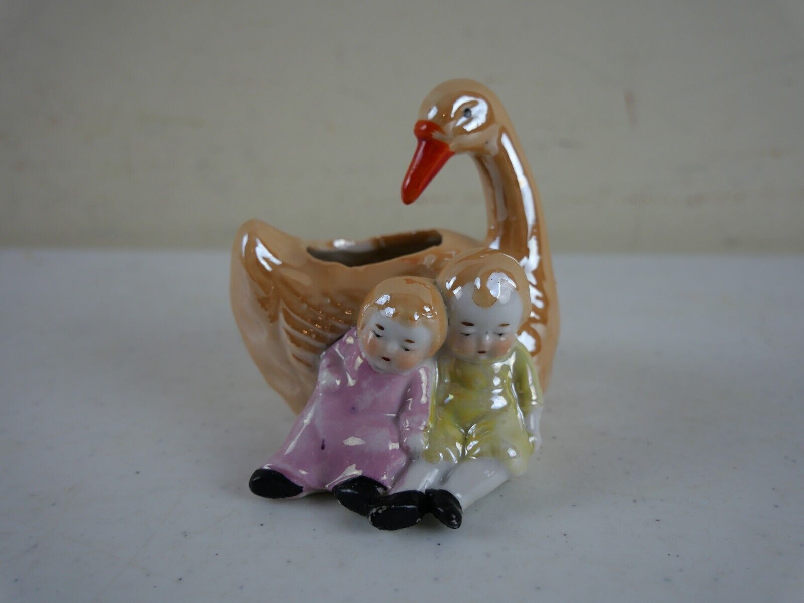 Vintage Japan Porcelain Figural Lusterware Swan Planter with Children Resting MC
