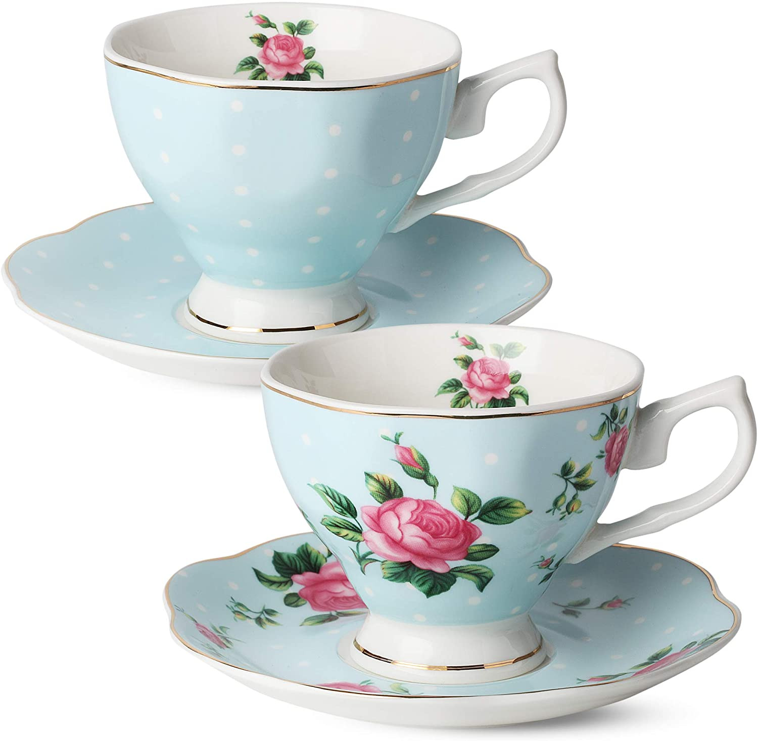 Floral Tea Cups and Saucers, Set of 2, 8oz with Gold Trim