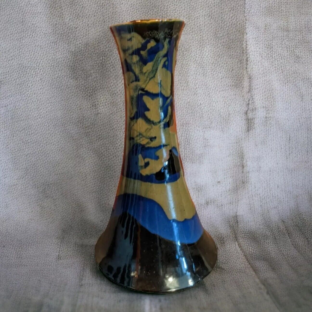 Vintage Mid Century Modern Blue and Black Drip Glaze Art Pottery Vase 10.5\