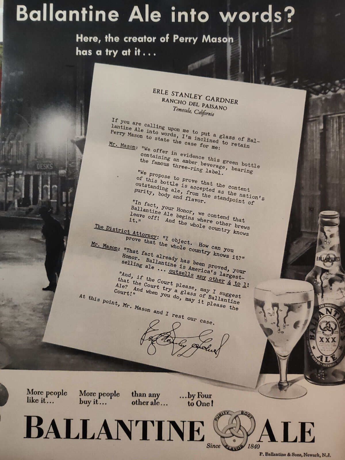 Vintage Ad Advertisement Erle Stanley Gardner Perry Mason for Ballentine Ale