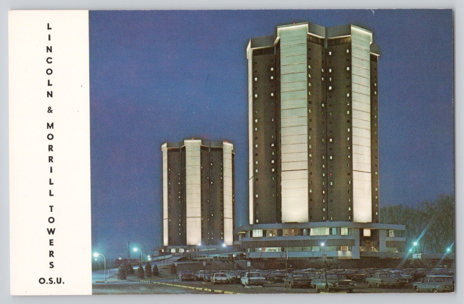 Lincoln & Morrill Towers Night View Chrome Postcard OSU 1960s Early View