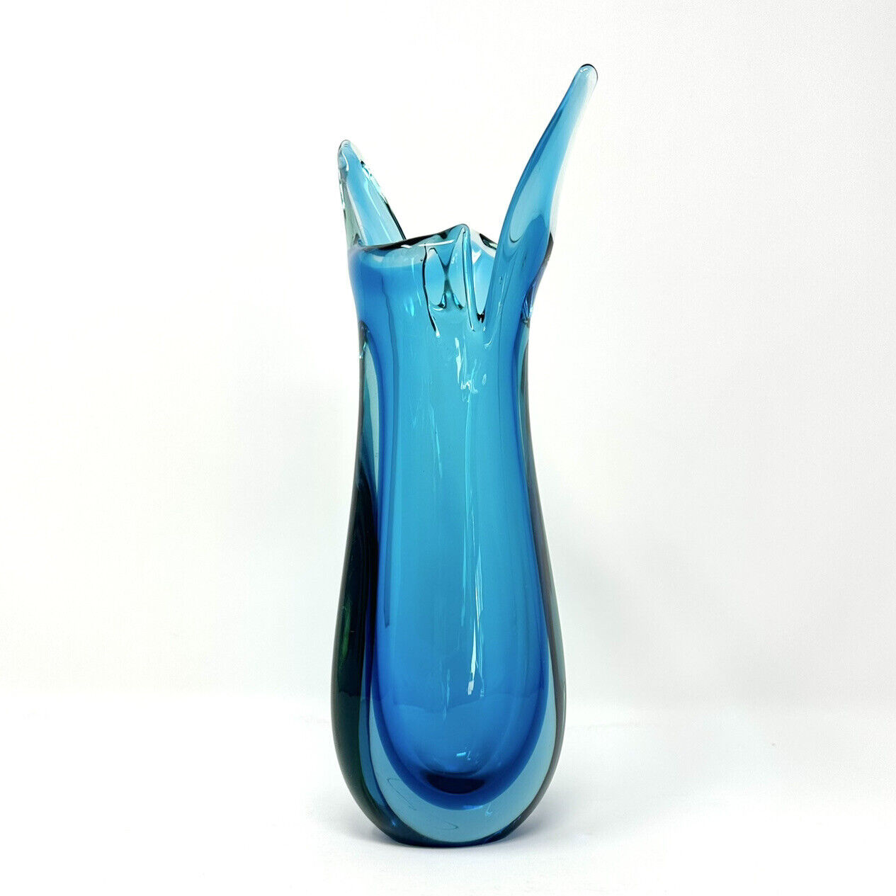 MCM Swung Vase Capri Blue Sommerso Hand Blown Art Glass Vintage 10.25”H