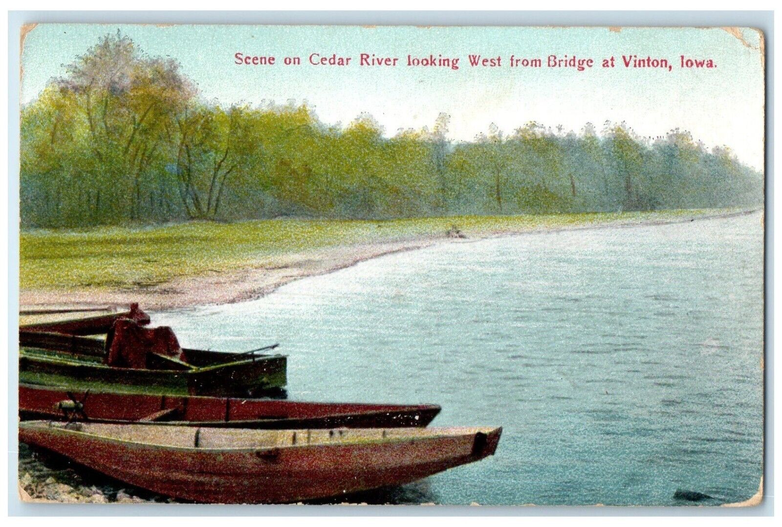 1909 Scene Cedar River Looking West Bridge Canoe Boat Lake Vinton Iowa Postcard