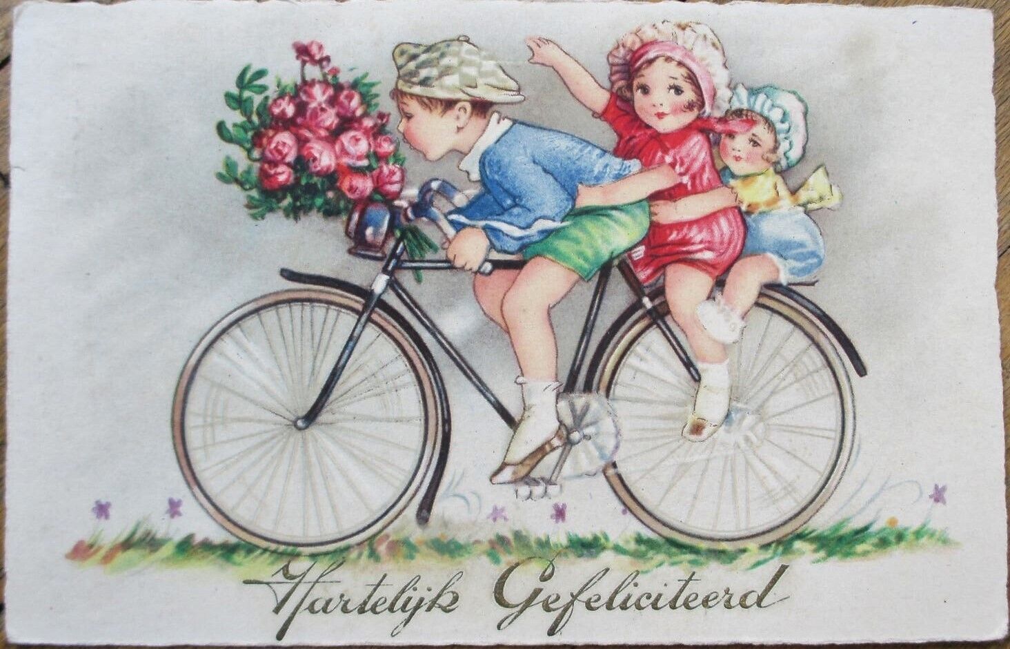 Art Deco 1931 Postcard, Bicycle, Three Children Piled on Riding