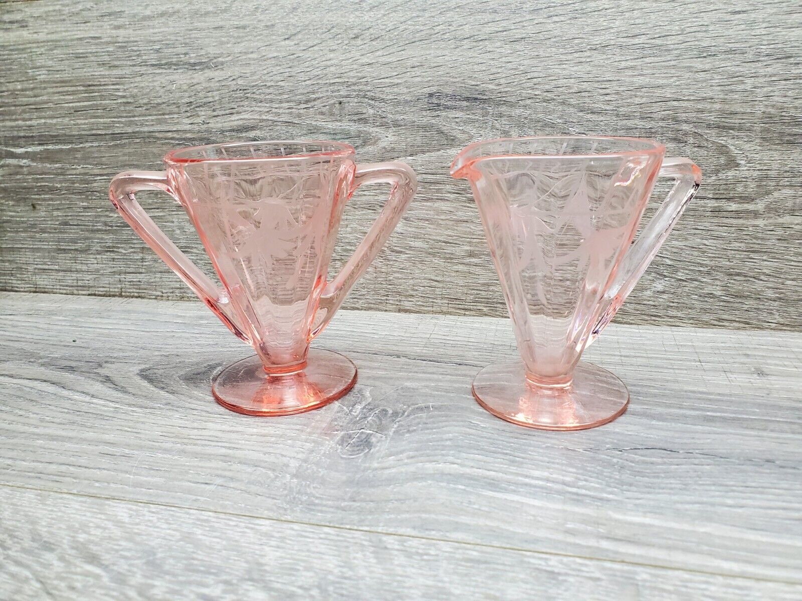 Vtg Pink Depression Etched Elegant Glass Cream & Sugar Set