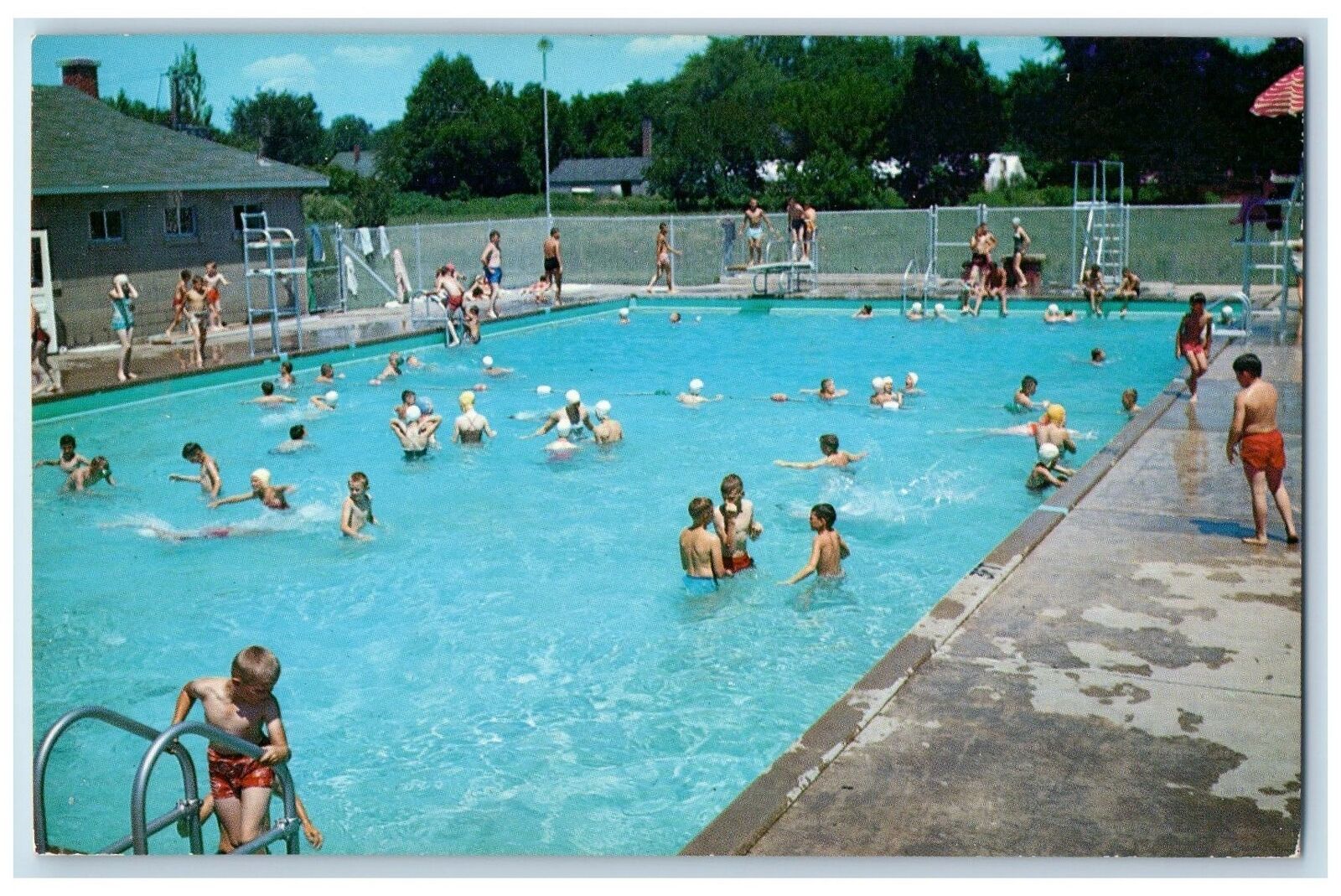 Swimming Pool Park Rensselaer Indiana IN Children Bathing Playing Scene Postcard
