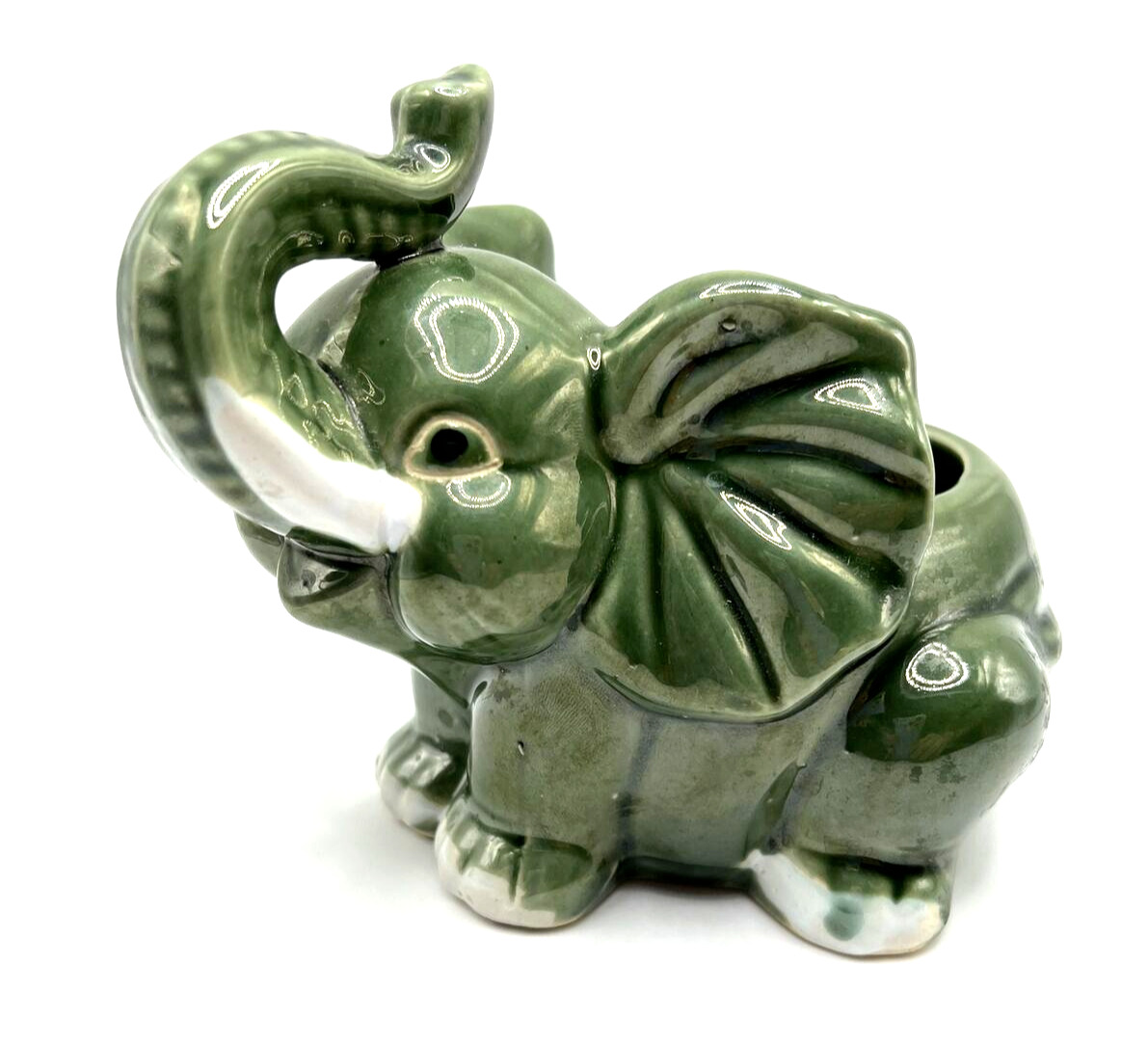 LUCKY ELEPHANT PLANTER GLOSSY TRUMP UP FOR LUCK CERAMIC GREEN BIG EARS BIG SMILE