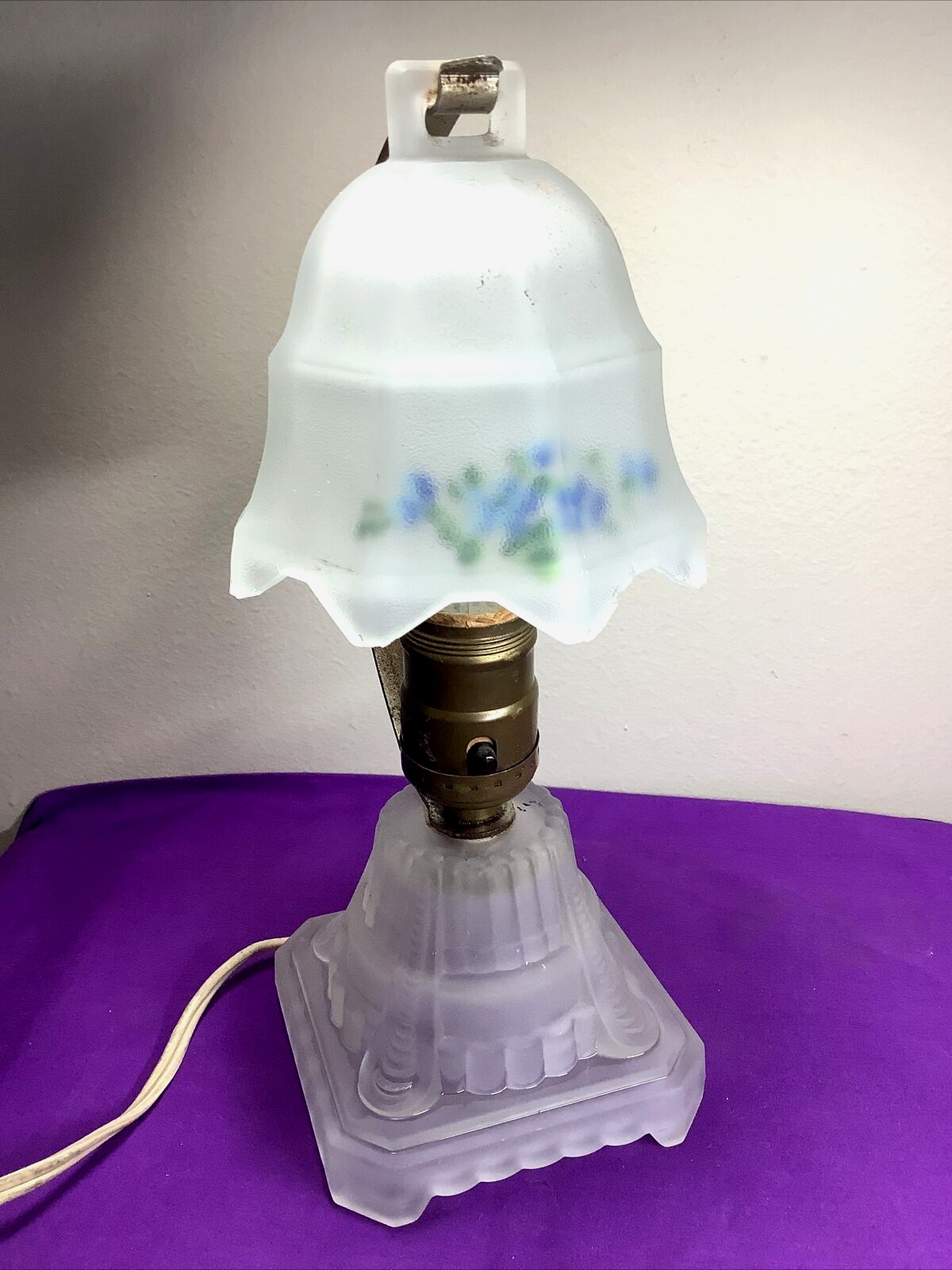 Antique Boudoir Lamp Frosted Glass Reverse Painted Floral Bell Shade WORKS   55
