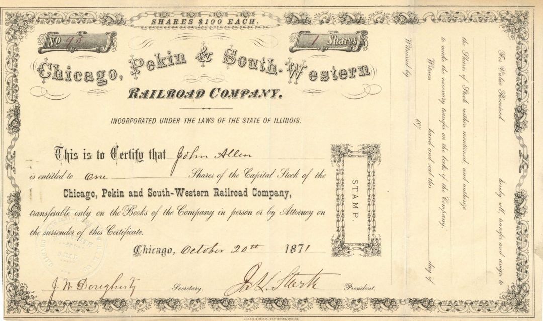 Chicago, Pekin and South Western Railroad Co. - Stock Certificate - Railroad Sto