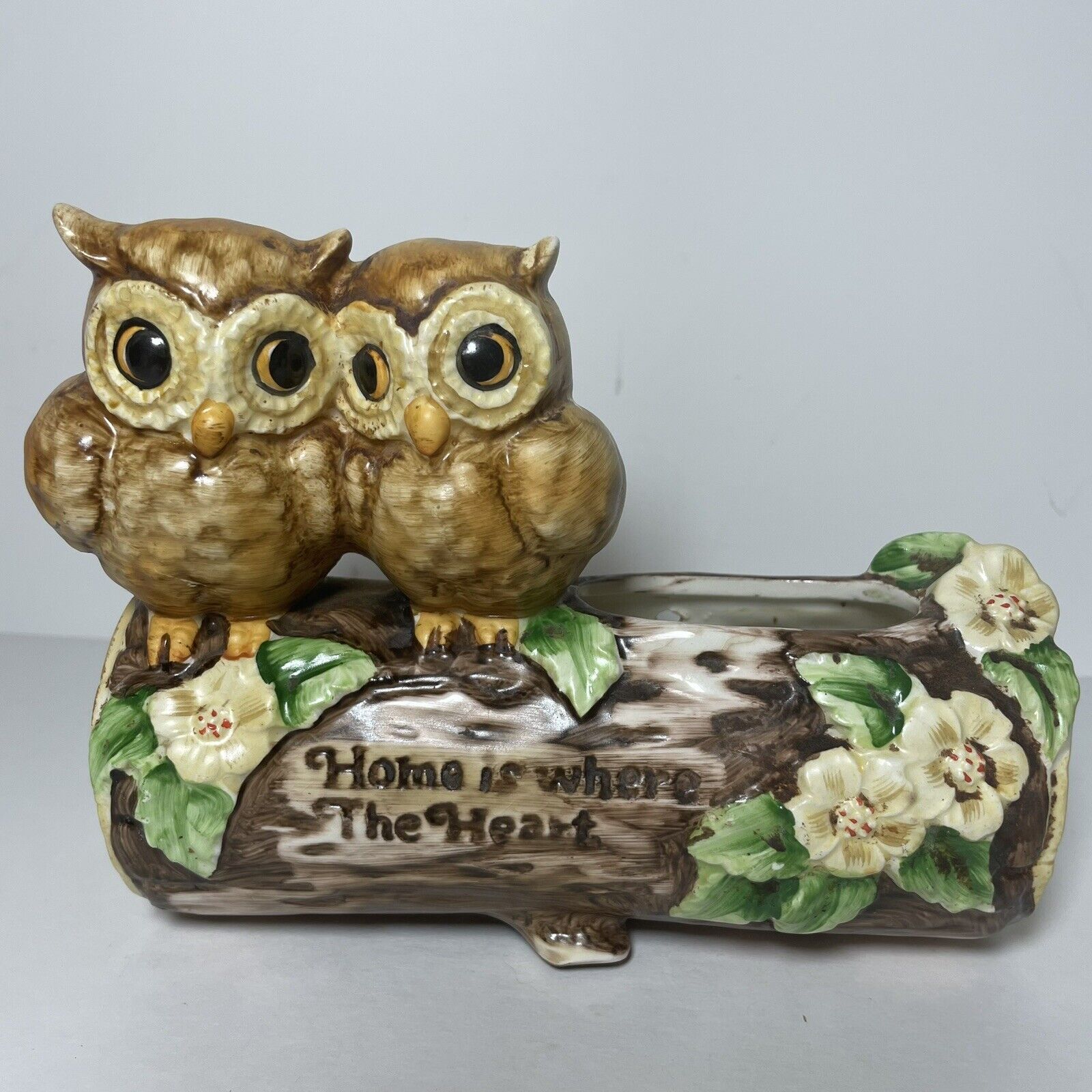 Vintage Josef Originals Planter Owl On Log Home Is Where The Heart 7” L x 5” T