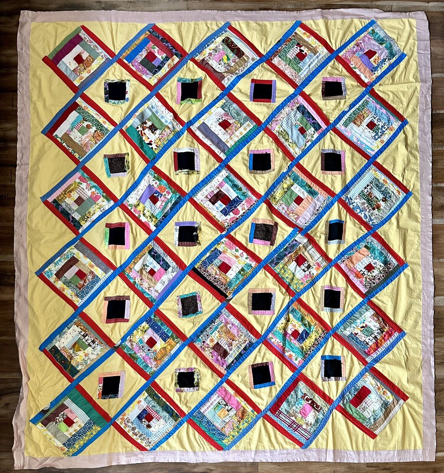 Vintage Handmade/Machine Patchwork Quilt  77”x 70” Geometric Pattern Silk/Cotton