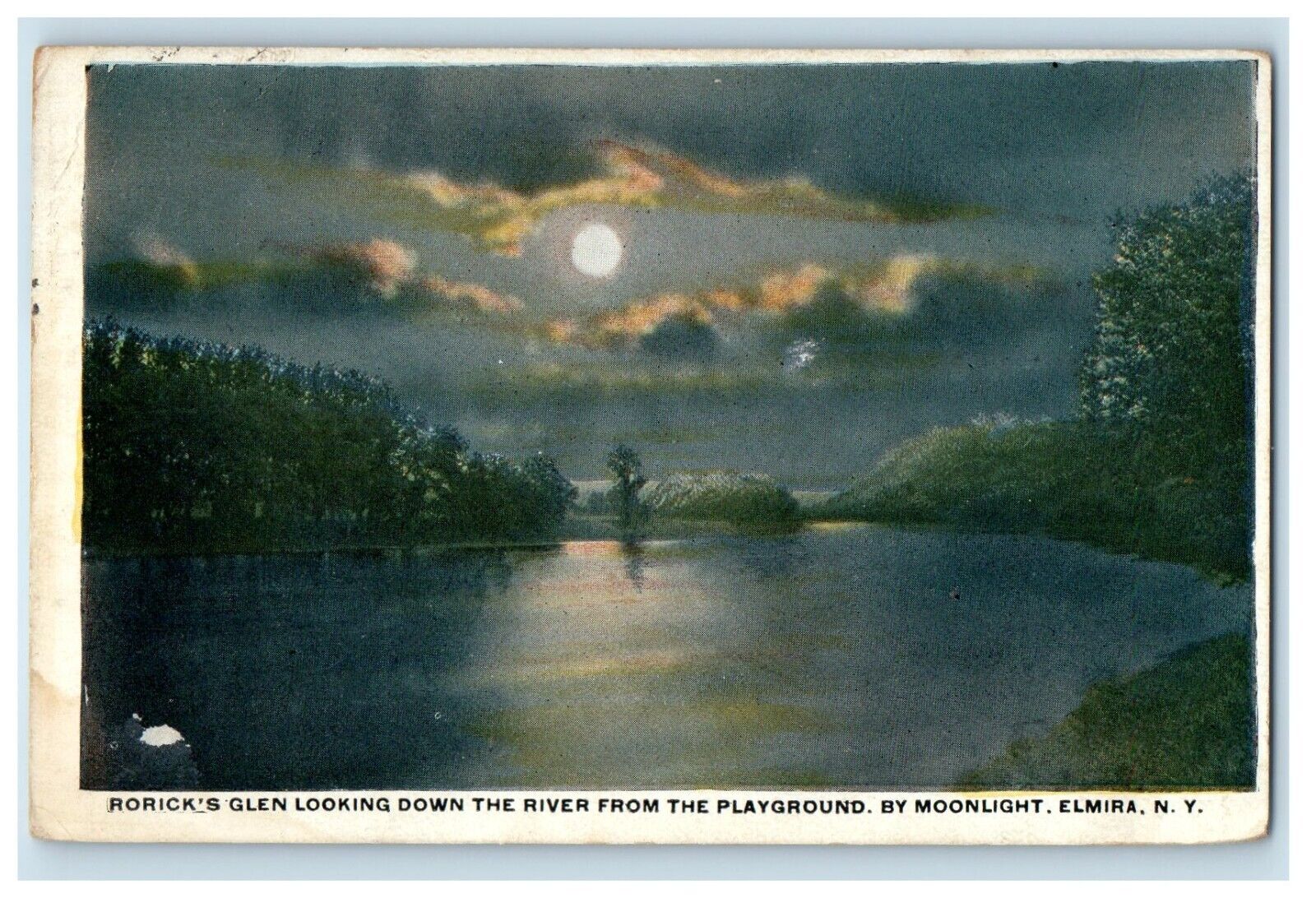 c1920\'s Rorick\'s Glen River From Playground By Moonlight Elmira NY Postcard