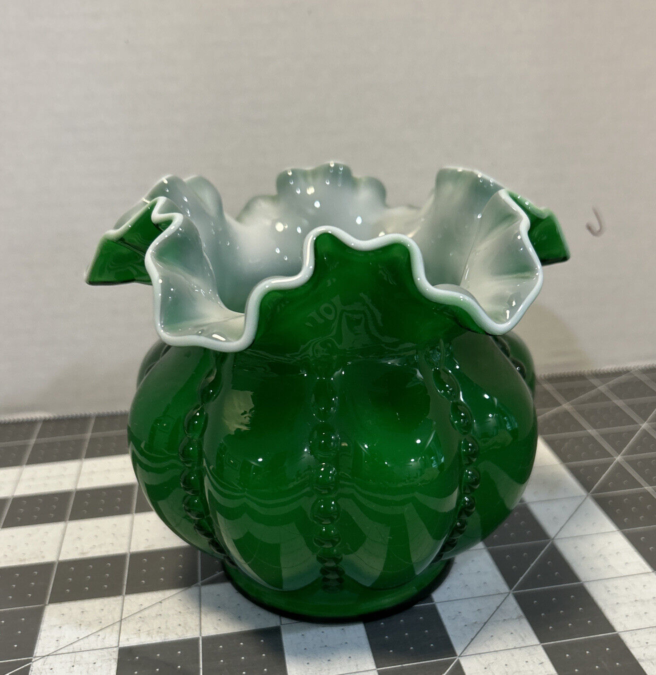 Fenton Art Glass Ivy Green Beaded Melon Double Ruffle Vase