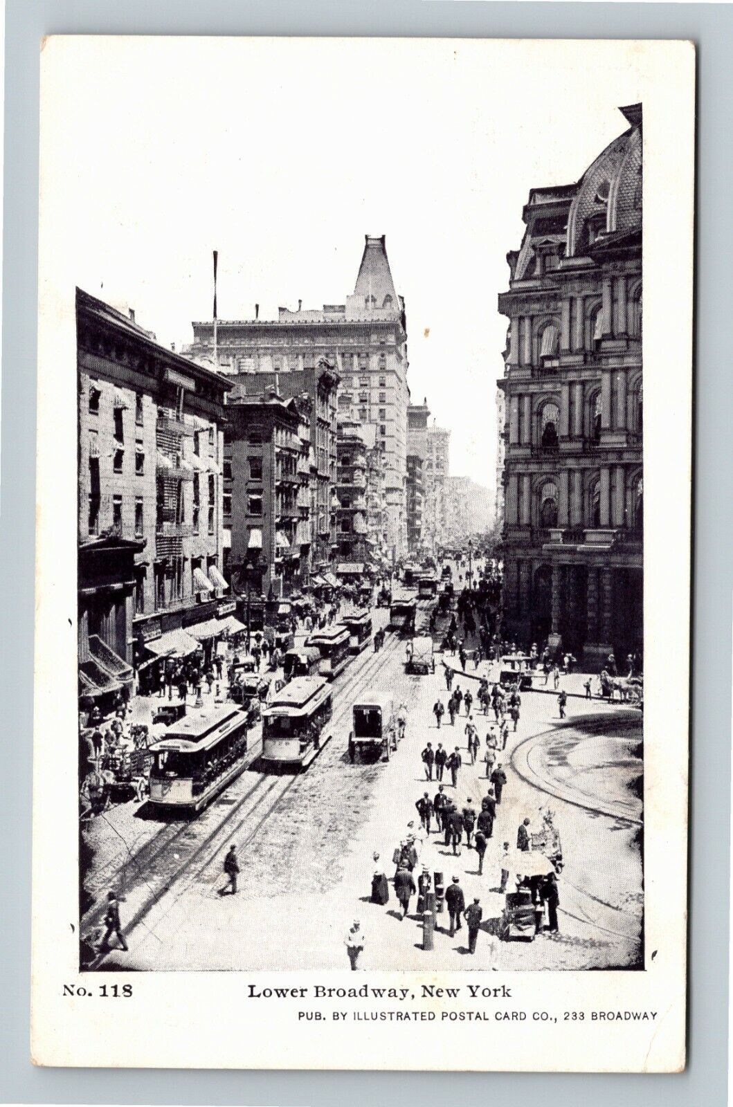 Lower Broadway, Trolley, Shoppers, Horse, Wagons, New York City Vintage Postcard